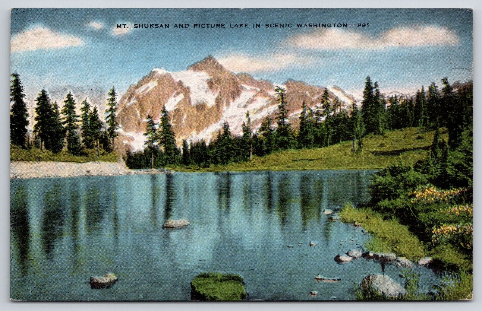 Snow Covered Mt. Shuksan and Picture Lake the Alps of Washington WA Postcard