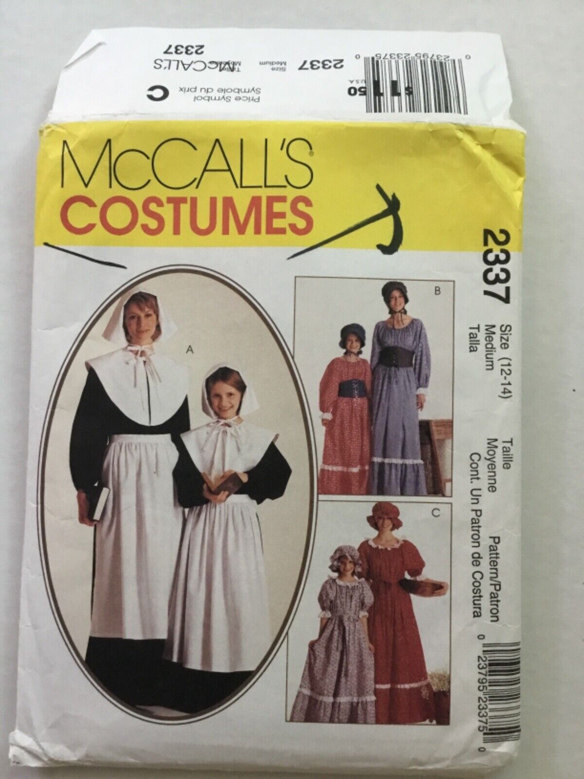 McCalls 2337 Adult 12 14 Costume Pattern Pilgrim Historic Re-Enactment Frontier