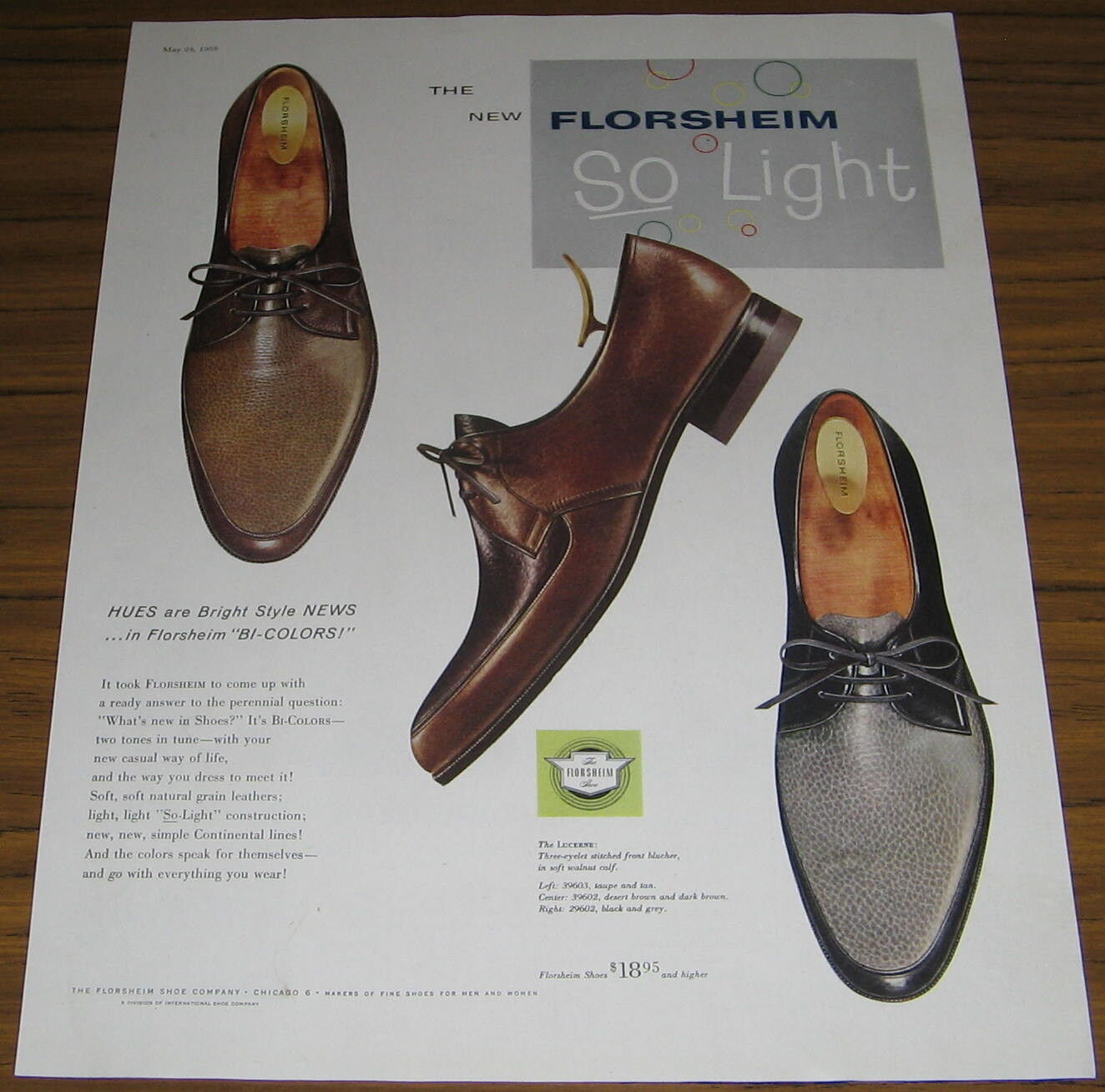 1958 Vintage Ad Florsheim So Light Mens Shoes Bi-Colors Chicago,IL