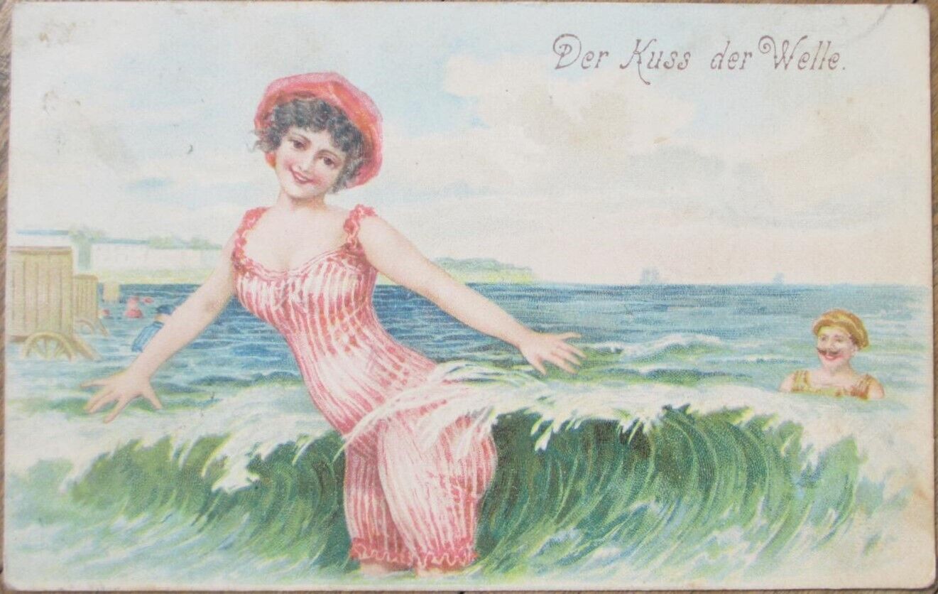 Risque 1900 Postcard, Bathing Beauty Woman in the Water, Color Litho