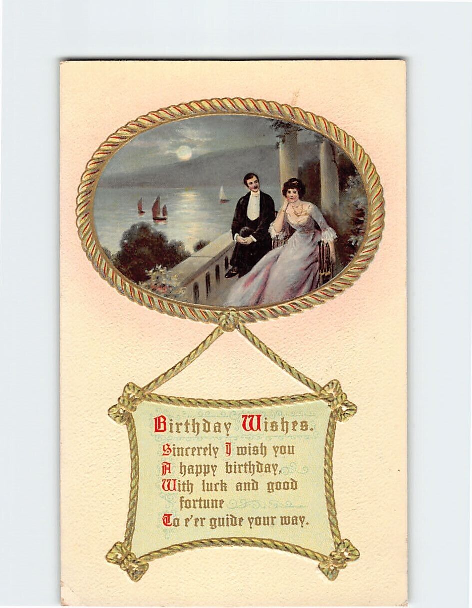 Postcard A Couple in the Balcony Moonlight Scene Birthday Wishes Embossed Card