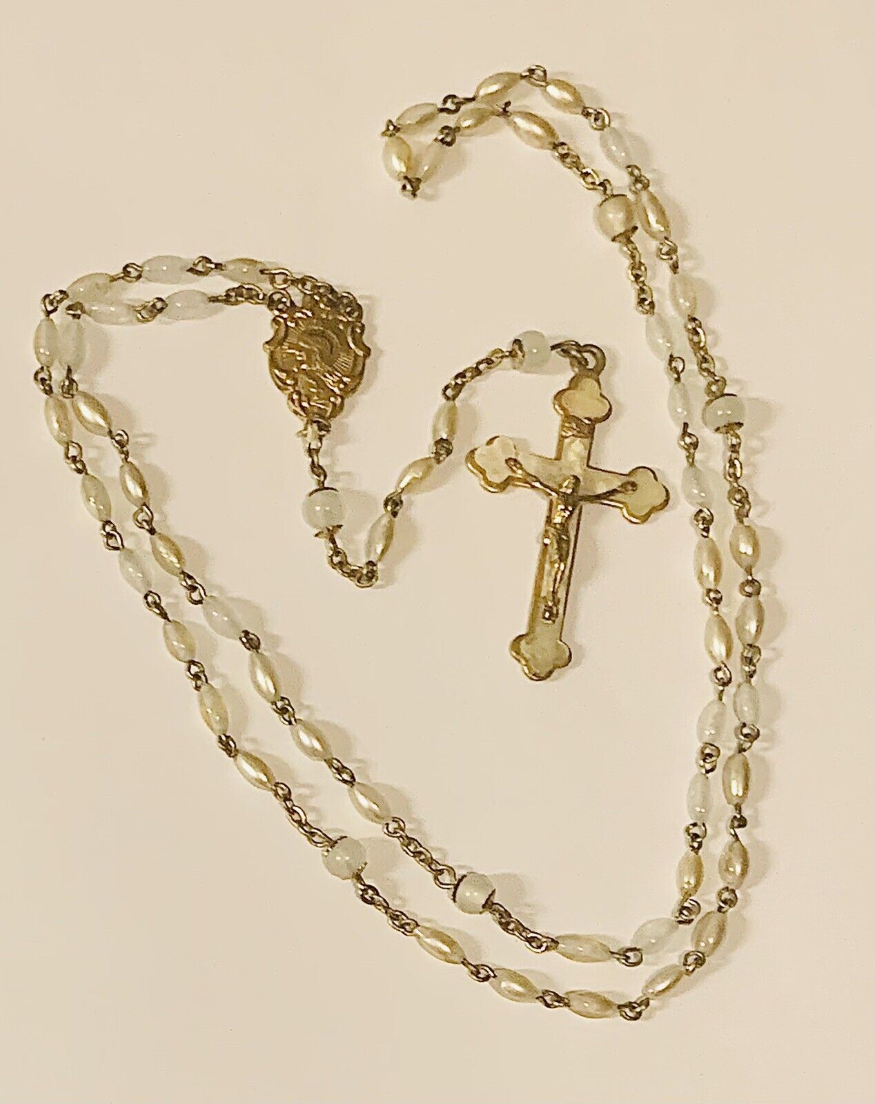 Refurbished Antique/Vintage Catholic Mother Of Pearl Rosary Sacred Heart BVM