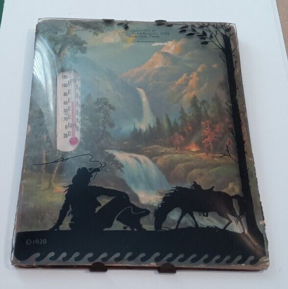 Vintage Mountain Scene Silhouette with Thermometer L.C. Harrison Gin Cowgirl