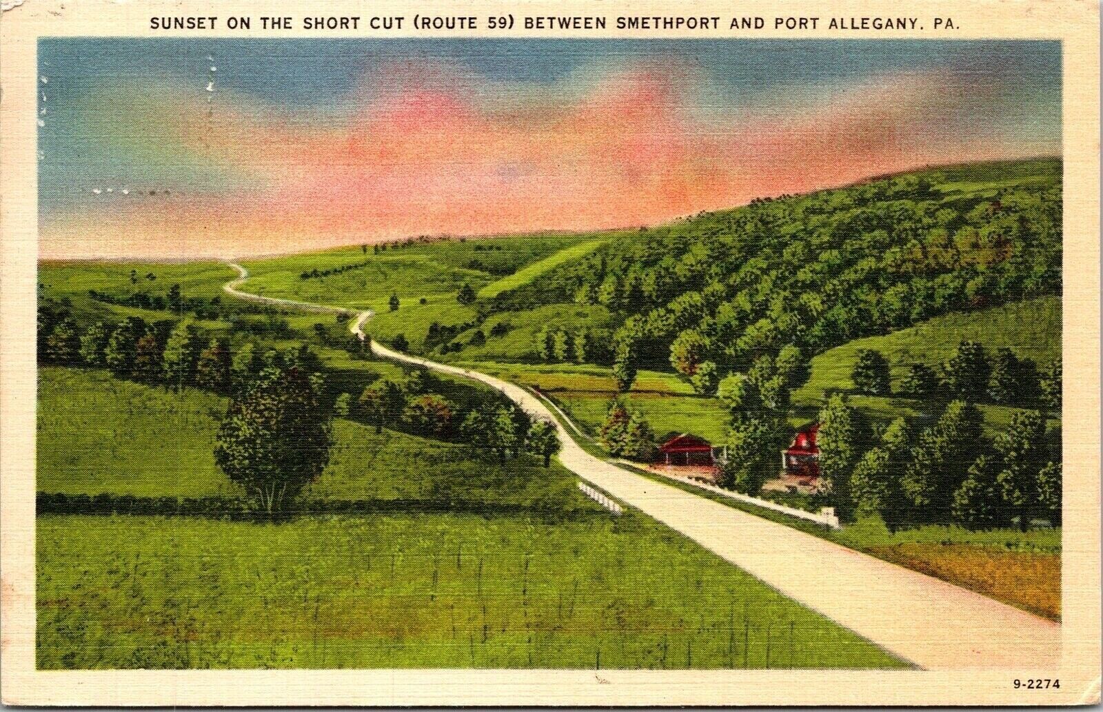 Sunset Smethport Port Allegany PA Pennsylvania Road Farm Lands Linen Postcard 
