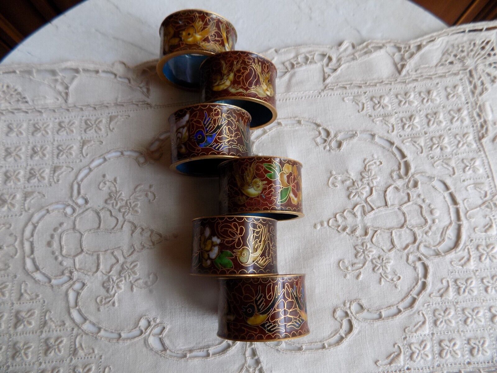 Vintage Set of 6 Cloisonne Napkin Rings with flowers and birds