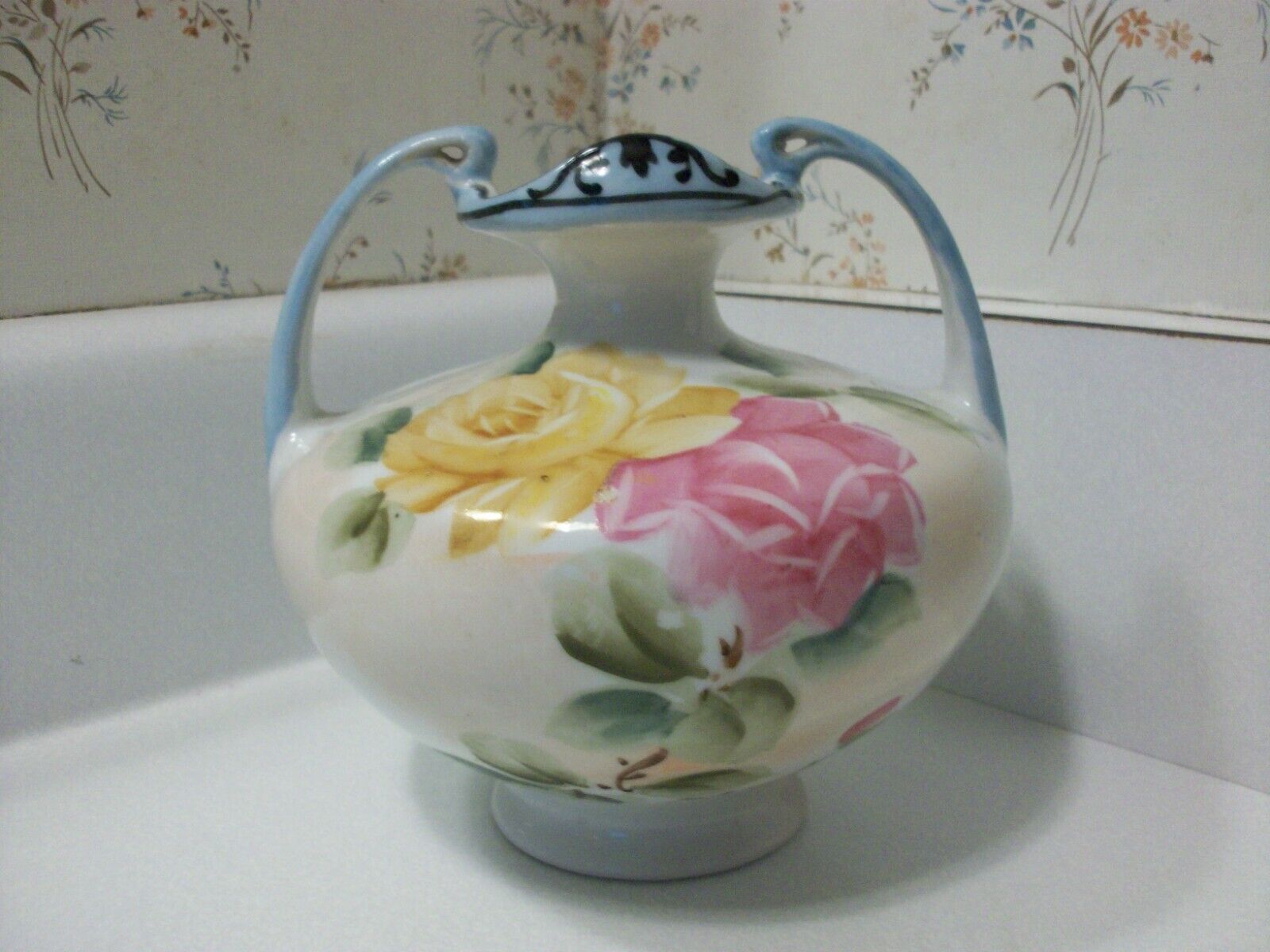 Antique Art Deco Style Nippon Hand Painted Double Handle Roses Flower Vase Jar