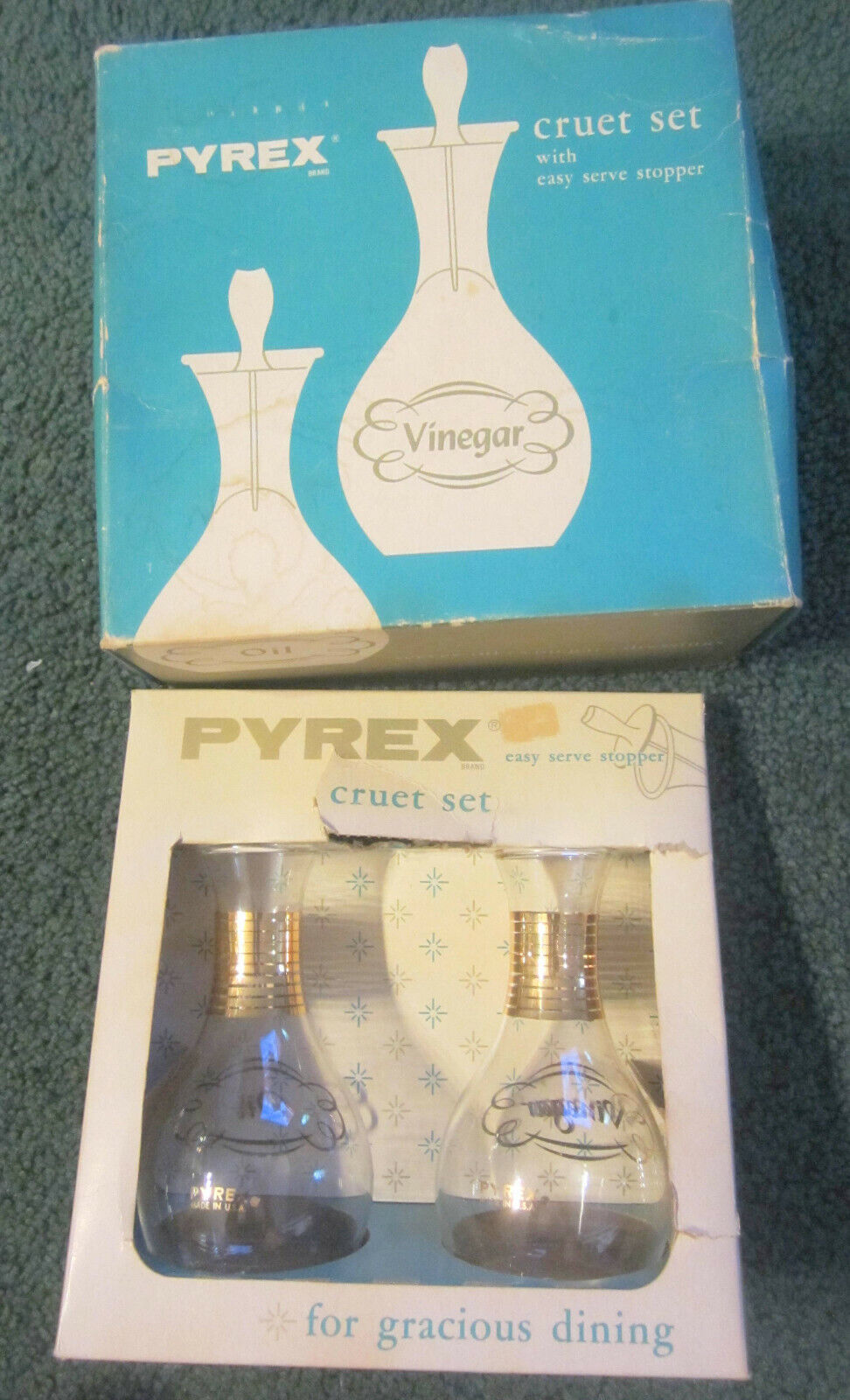 1 set Pyrex Cruet Set Glass w/Gold Graphics,Box ,oil vinegar dressing,VTG