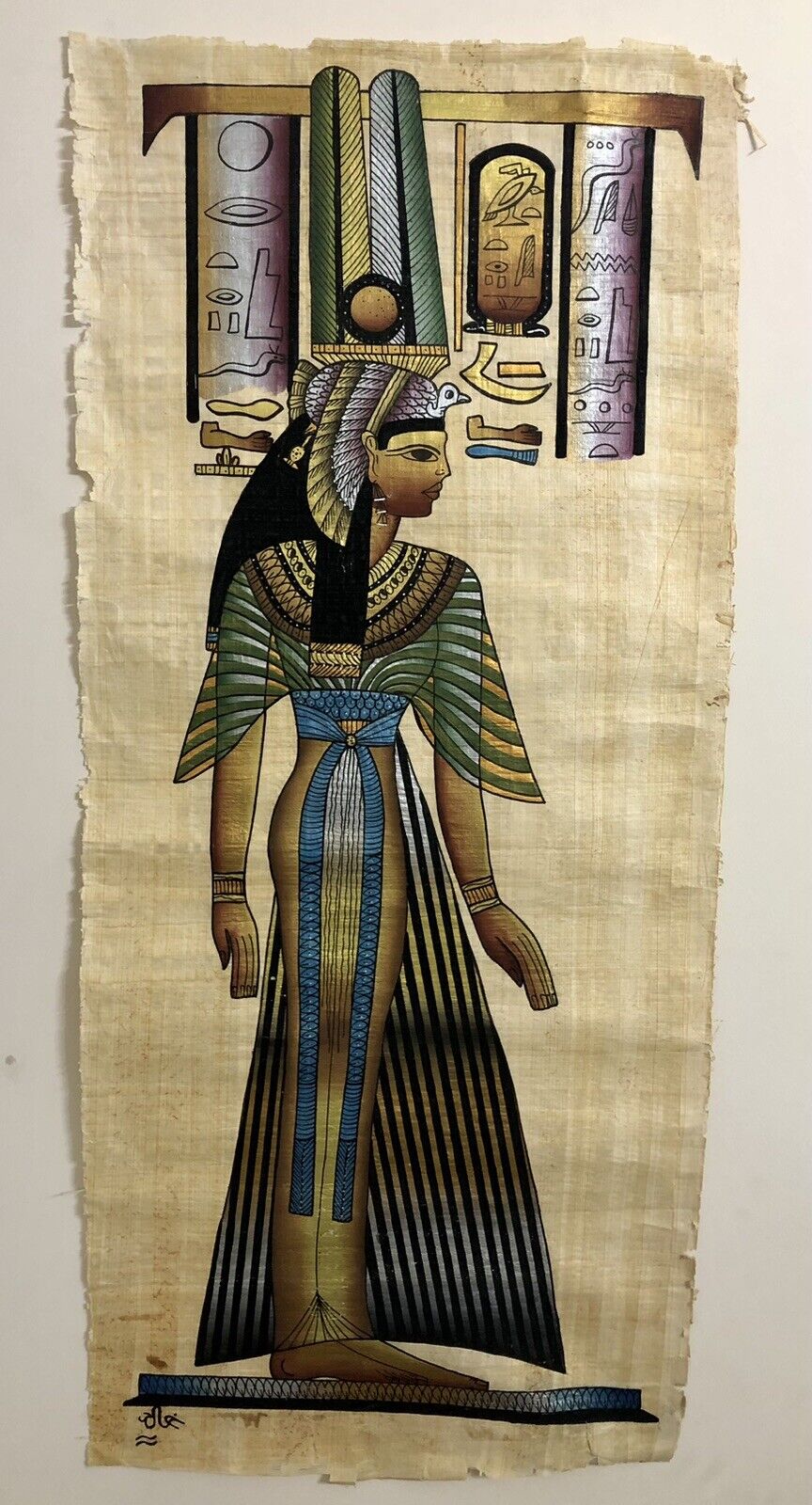 Rare Authentic Hand Painted Ancient Egyptian Papyrus Queen Nefertari 16x36”