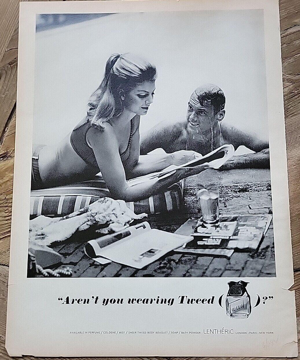 1968 Lentheric Tweed Perfume Cologne Man Woman Swimsuit vintage  ad