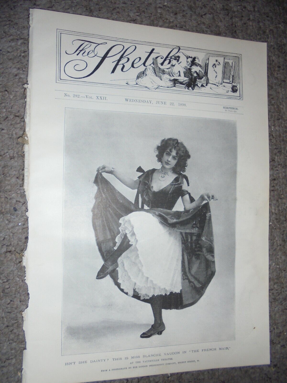 Printed photo actress Blanche Vaudon The French Maid Vaudeville Theatre 1898