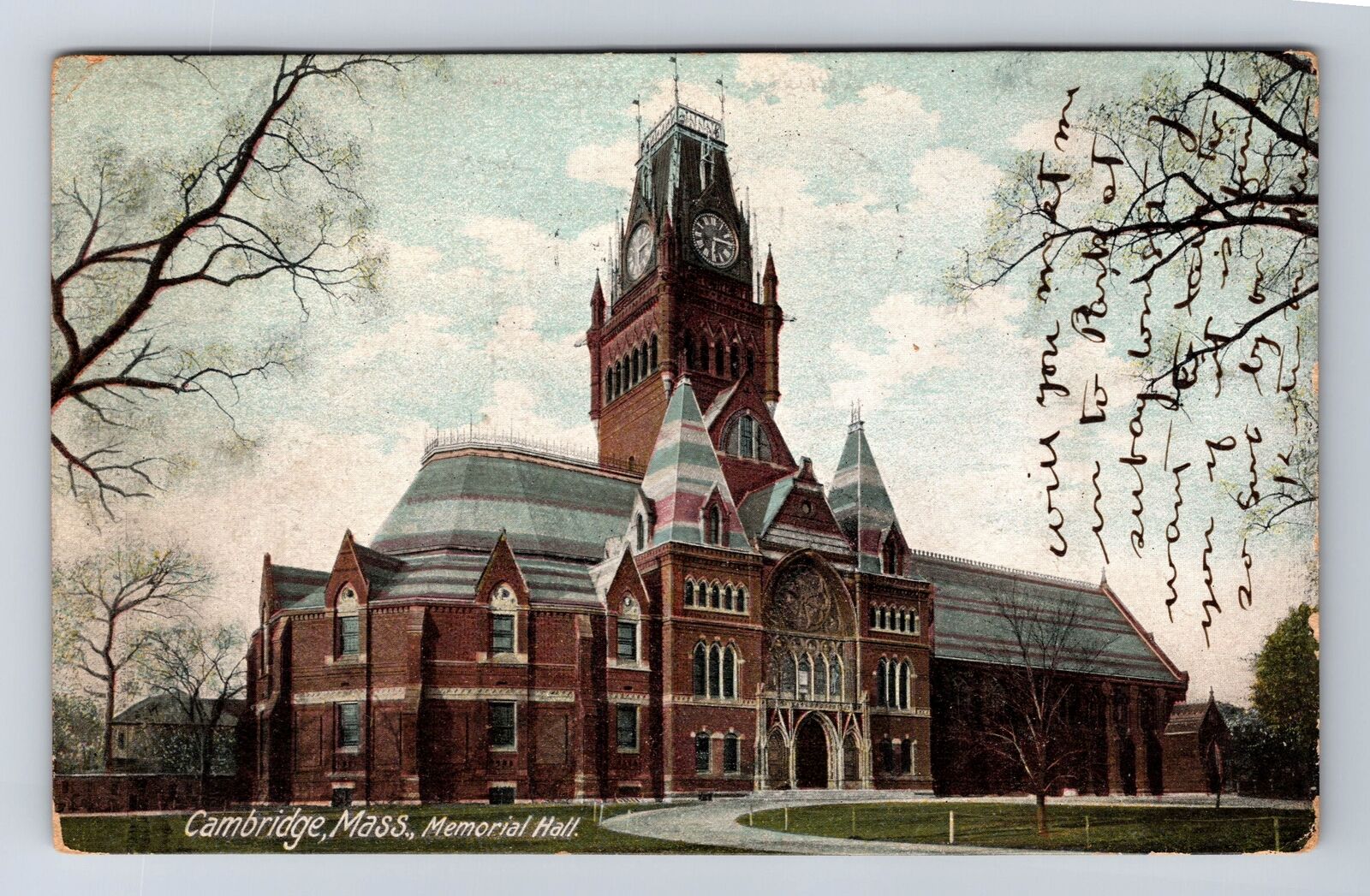 Cambridge MA-Massachusetts, Memorial Hall, Antique, Vintage c1907 Postcard