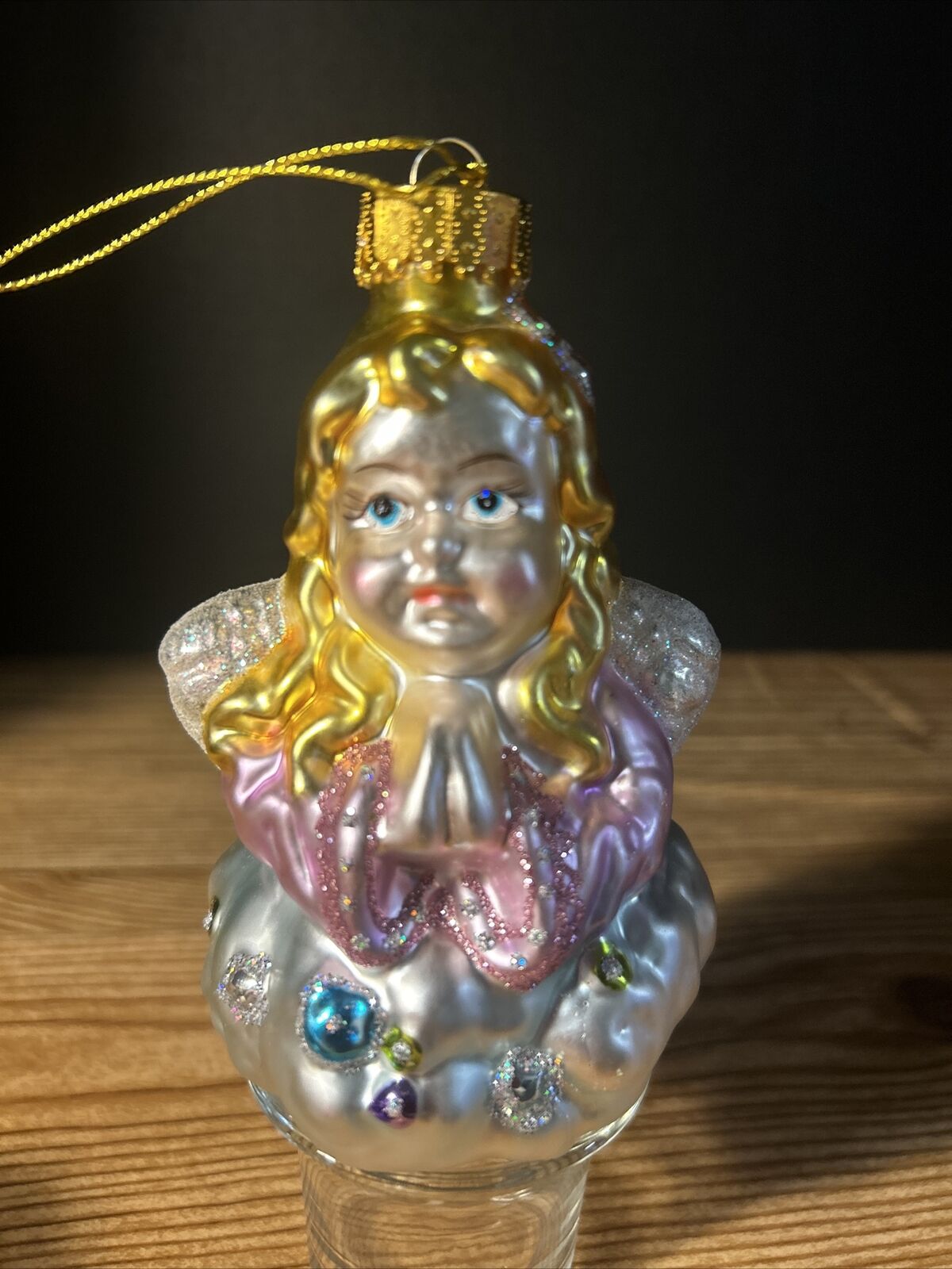 Christmas Ornament Old World Style Blown Glass Angel Praying Glittery