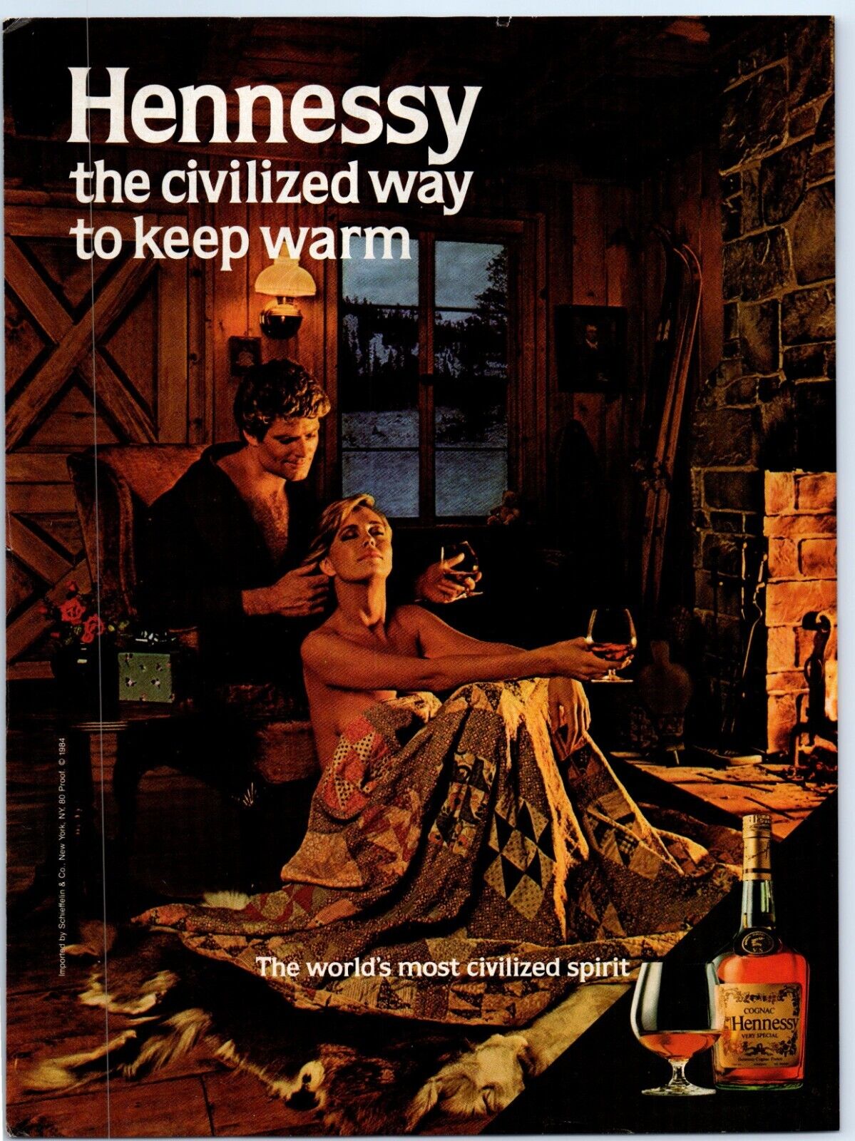 Hennessy Cognac CIVILIZED WAY TO KEEP WARM Sexy Couple 1985 Print Ad 8\