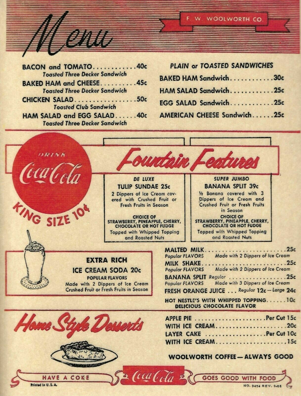 F.W. WOOLWORTH  LUNCH COUNTER MENU 8x5x11 GLOSSY REPRINT VINTAGE