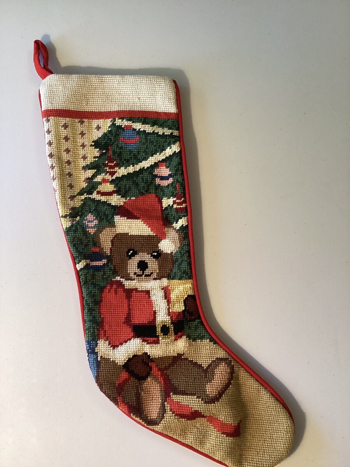 Christmas Santa Bear Needlepoint Stocking