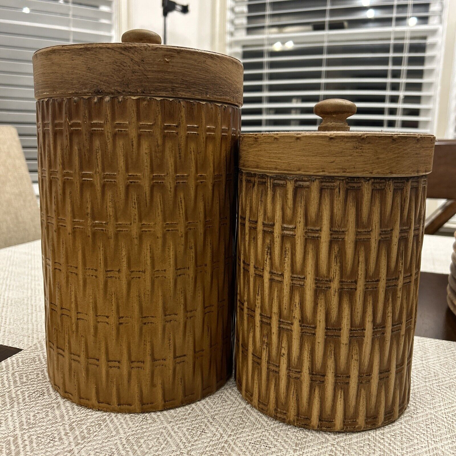 Hobby Lobby Metal Canisters With Rattan Pattern, Set Of 2