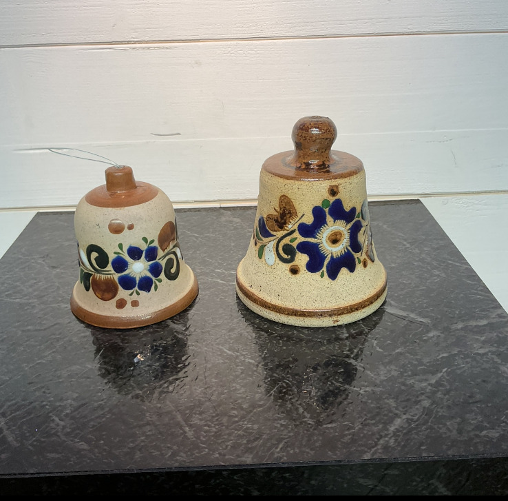 (2) Vintage Tonala Pottery Bells - Hand Painted Floral Design - Mexican Folk Art