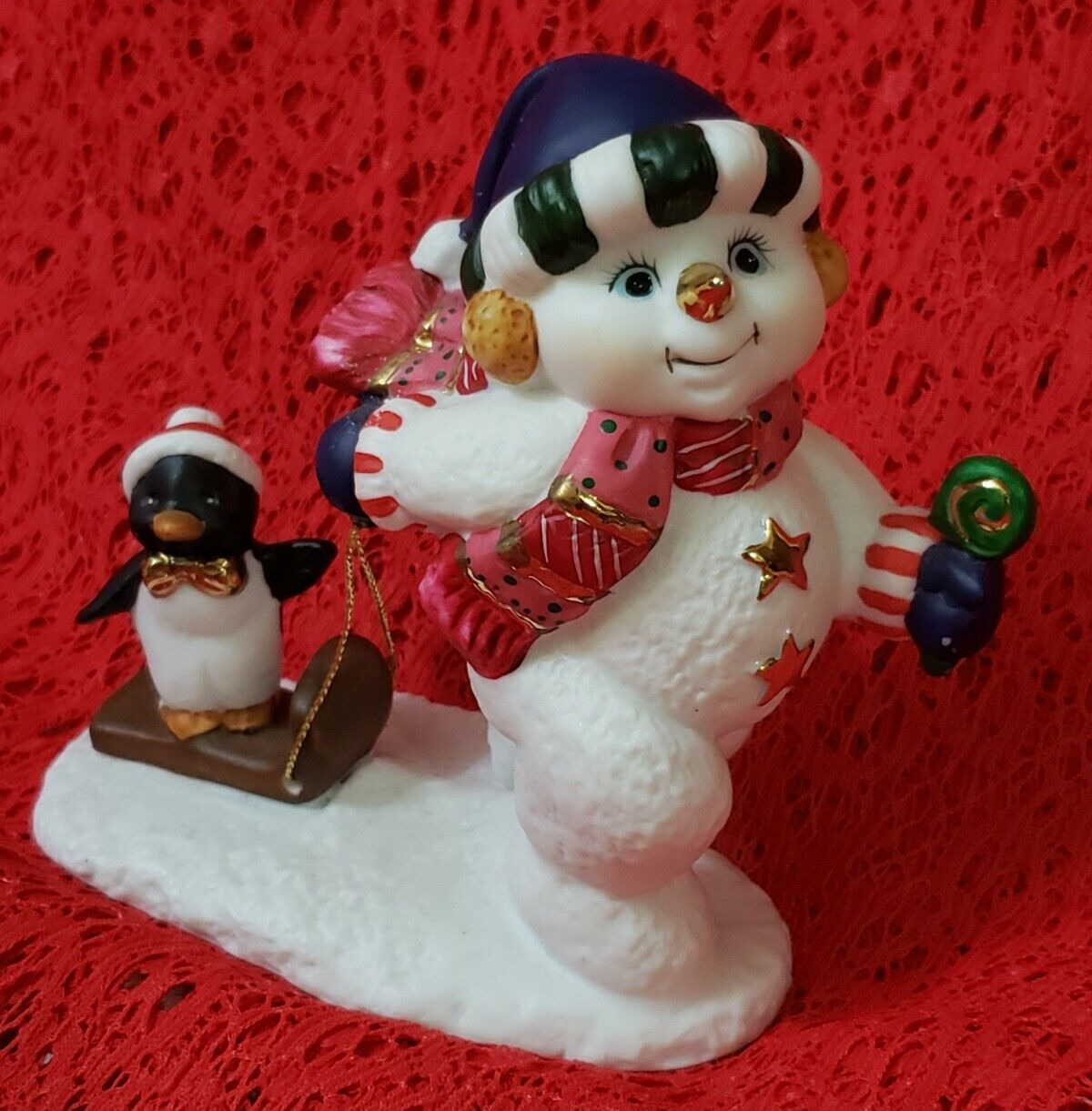 Vintage 2001 Grandeur Noel Porcelain Snowman Pulling Sled with Penguin 5\'\'