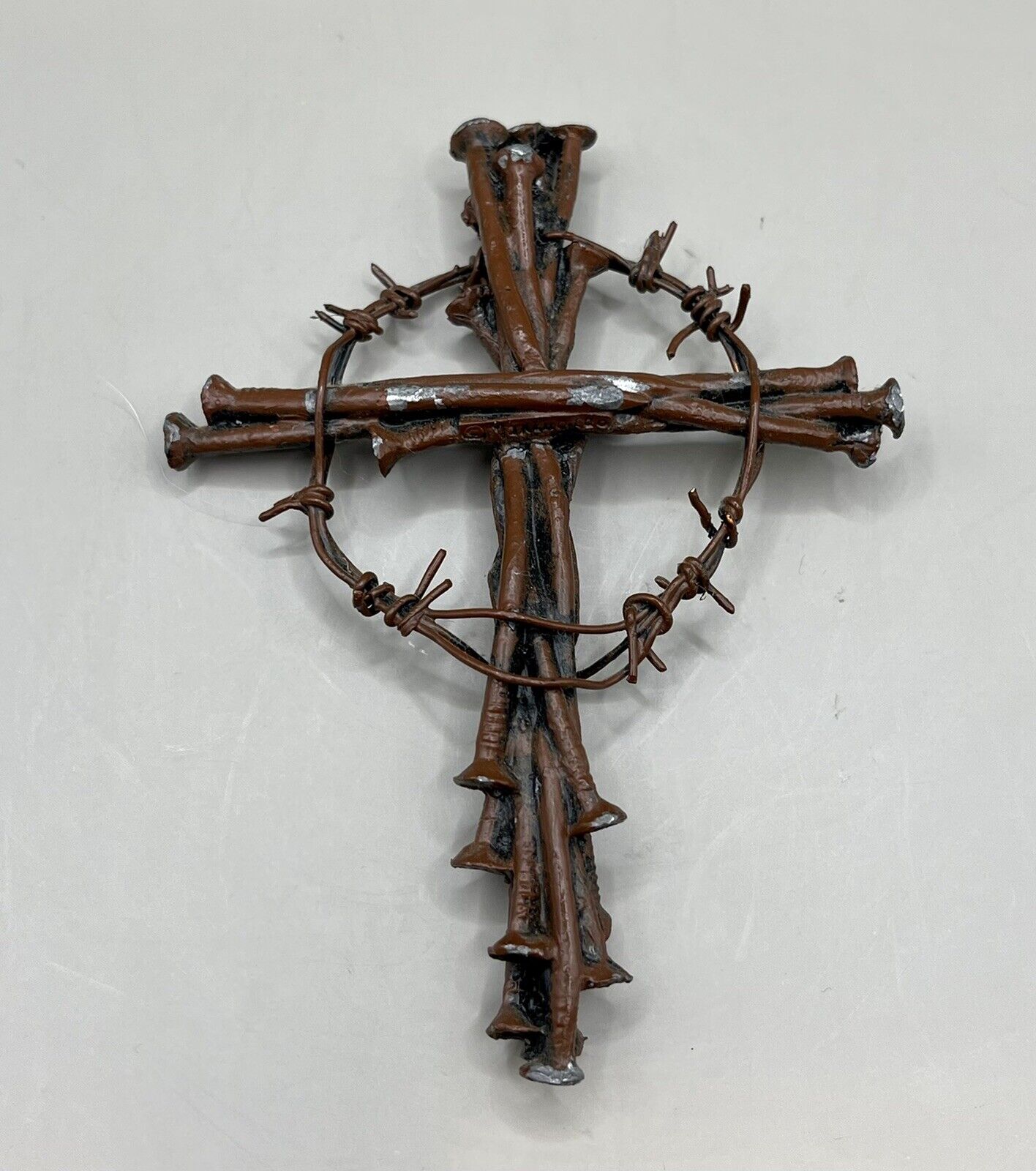 RARE VINTAGE Sculptre Cross Crown Of Thorns Barbed Wire Nails HandMade Brutalist