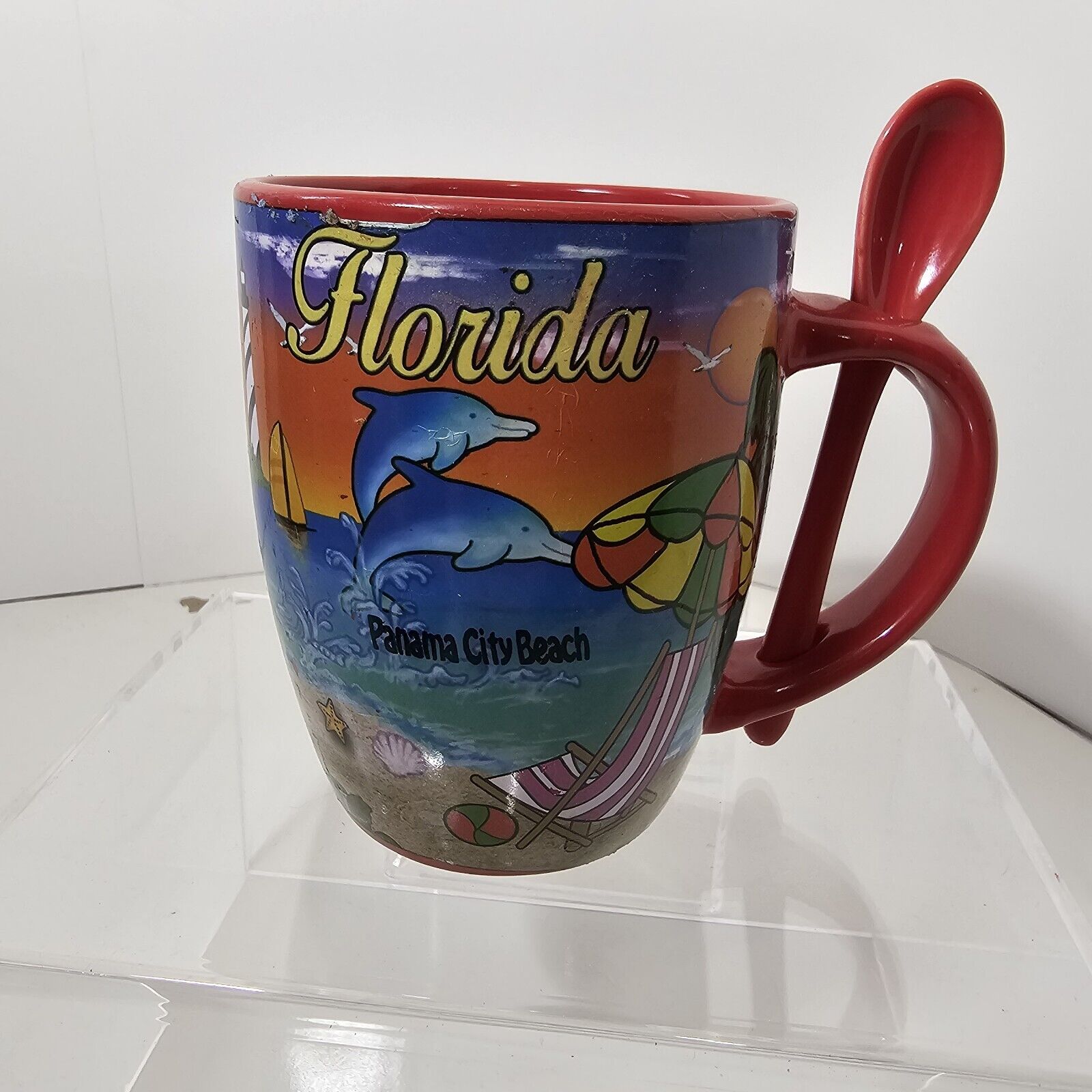 Panama City Beach Florida Souvenir Coffee Mug with Removable Spoon and Dolphins