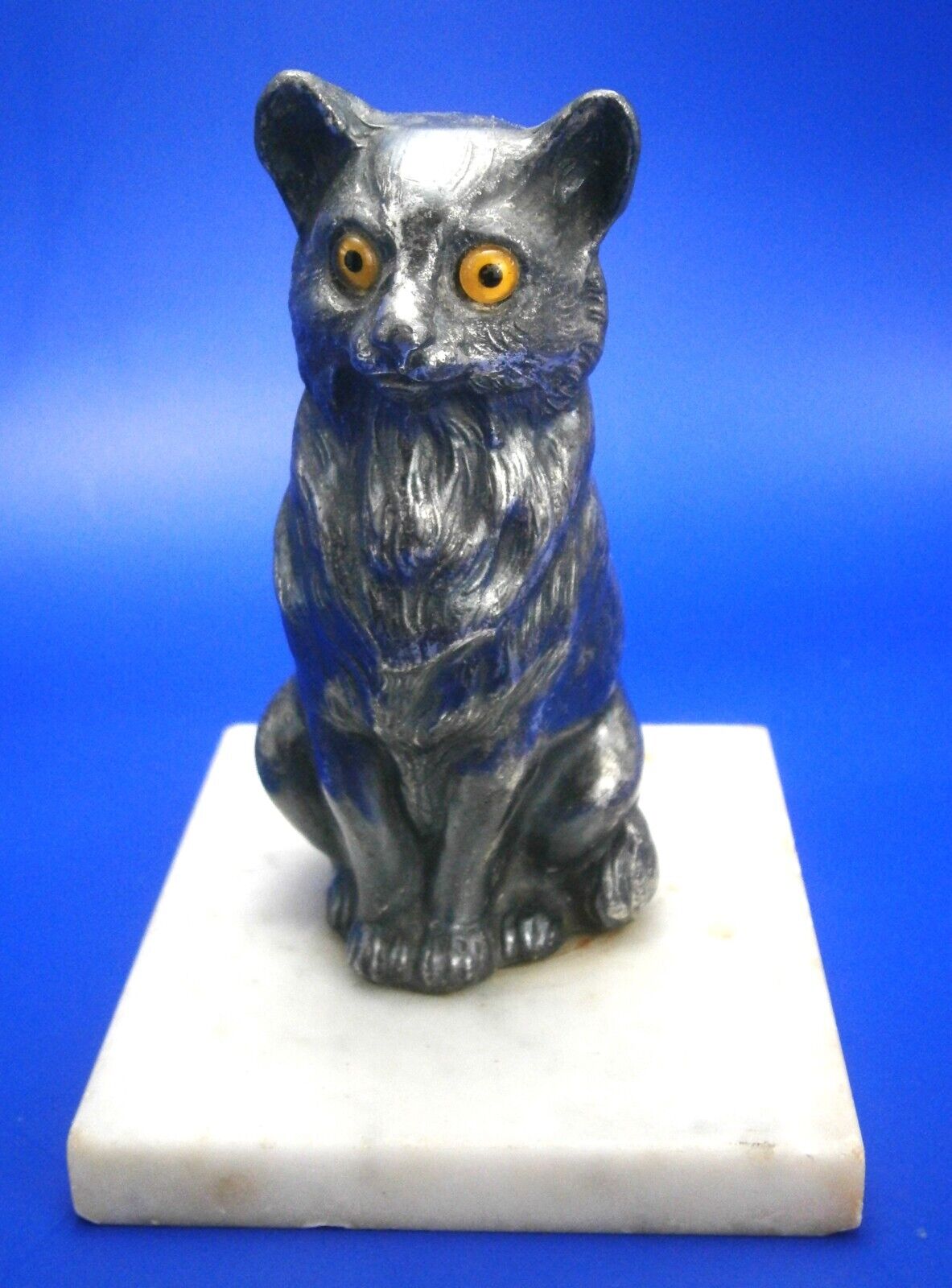 Antique Silverplate Sitting Cat on marble Base from the early 1900's