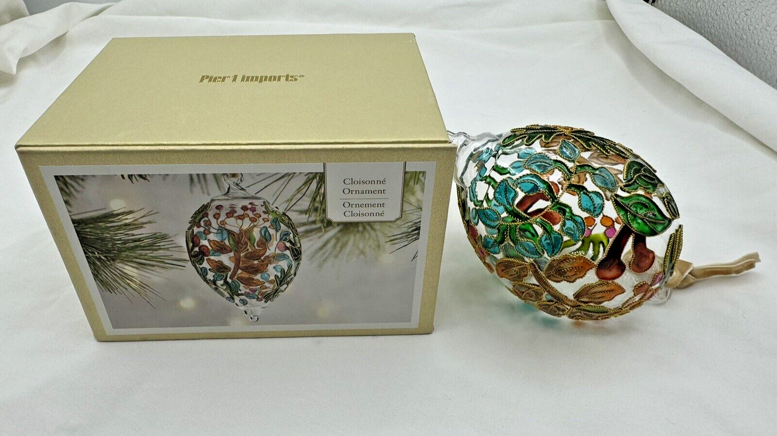 Pier 1 One Cloisonné Teardrop Christmas Ornament  Glass Floral Red Gold Green