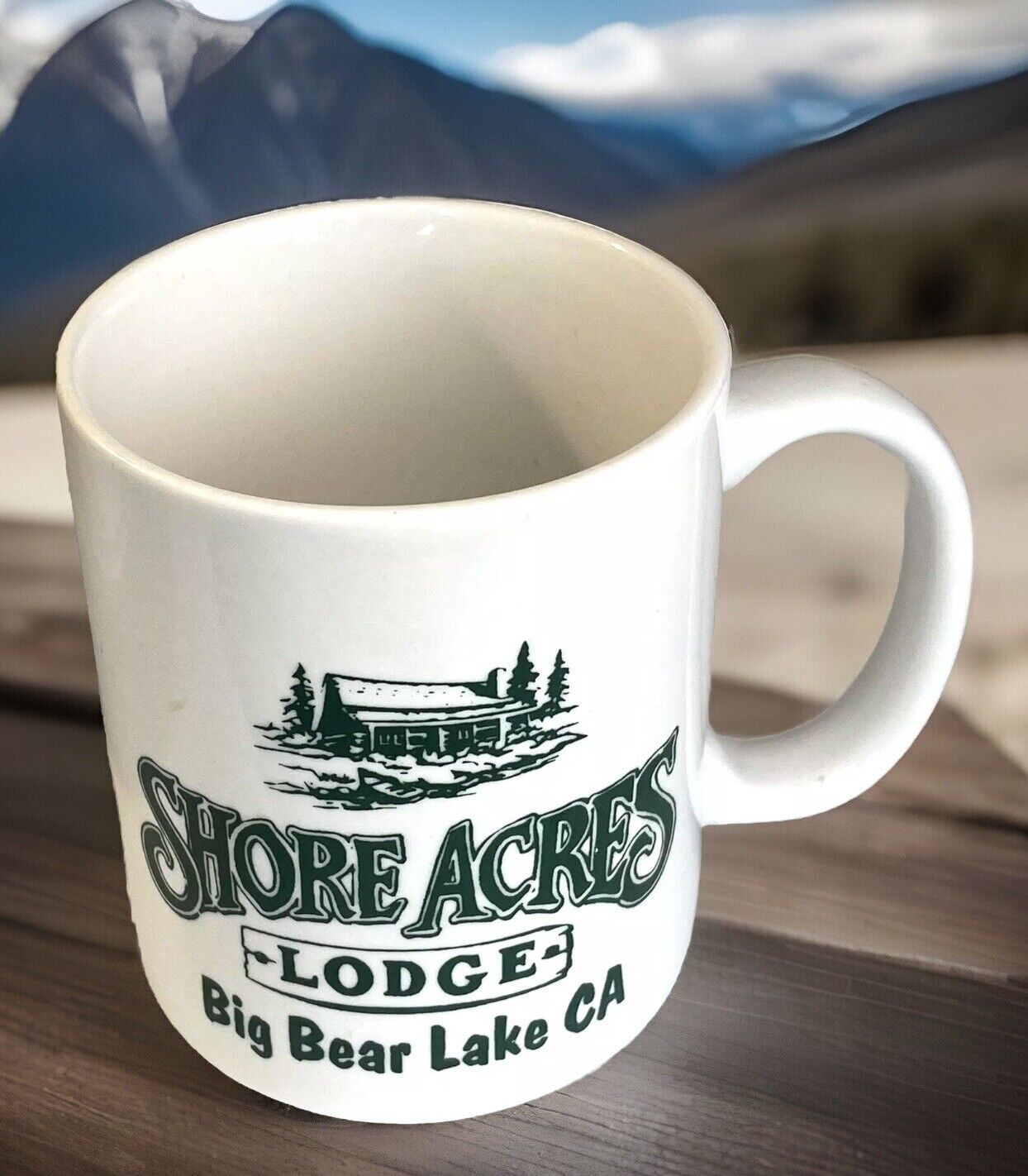 Shore Acres Lodge Big Bear Lake CA California White Green Letters Coffee Mug Cup