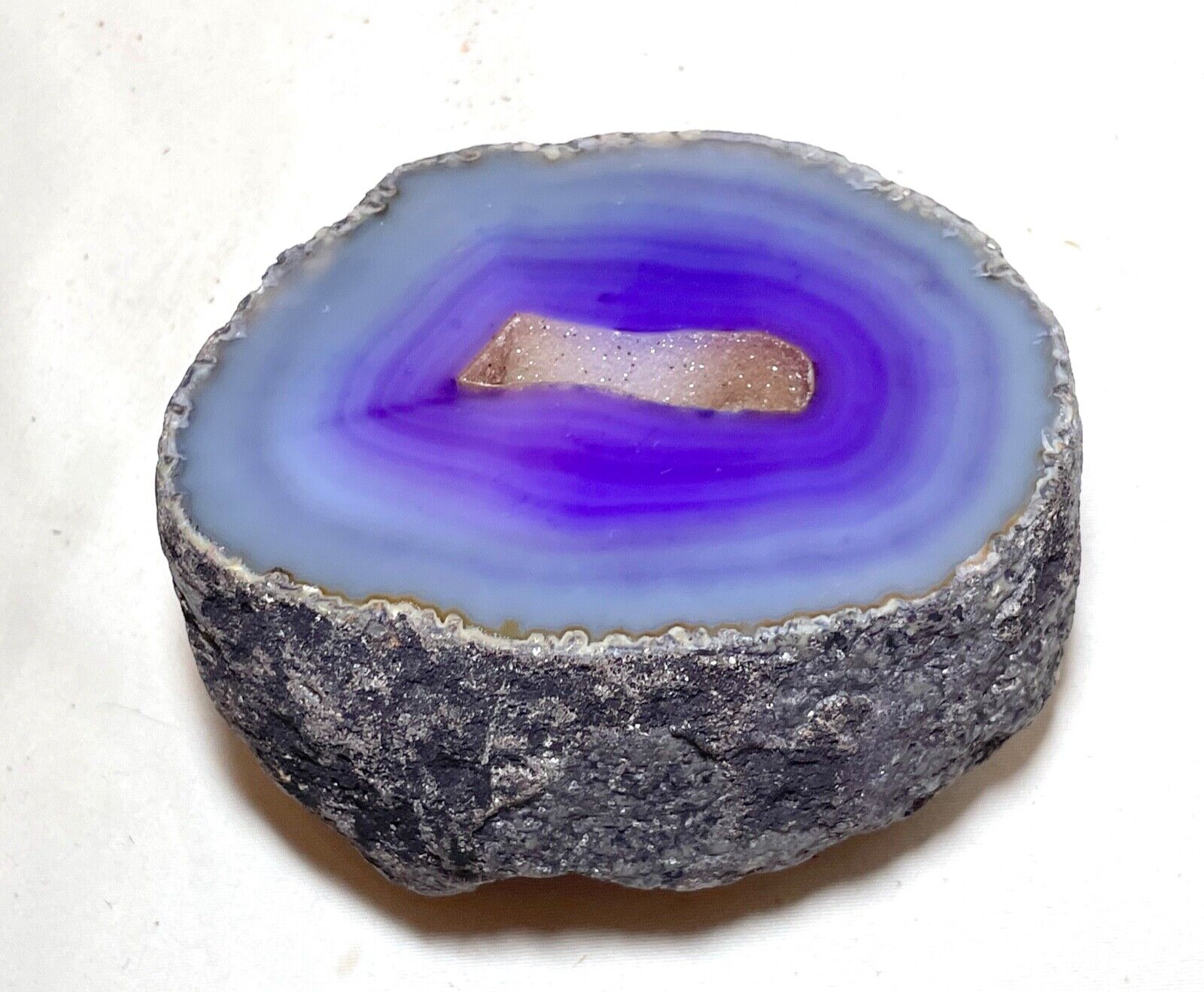 cut natural vibrant purple agate stone banded geode specimen rock mineral 