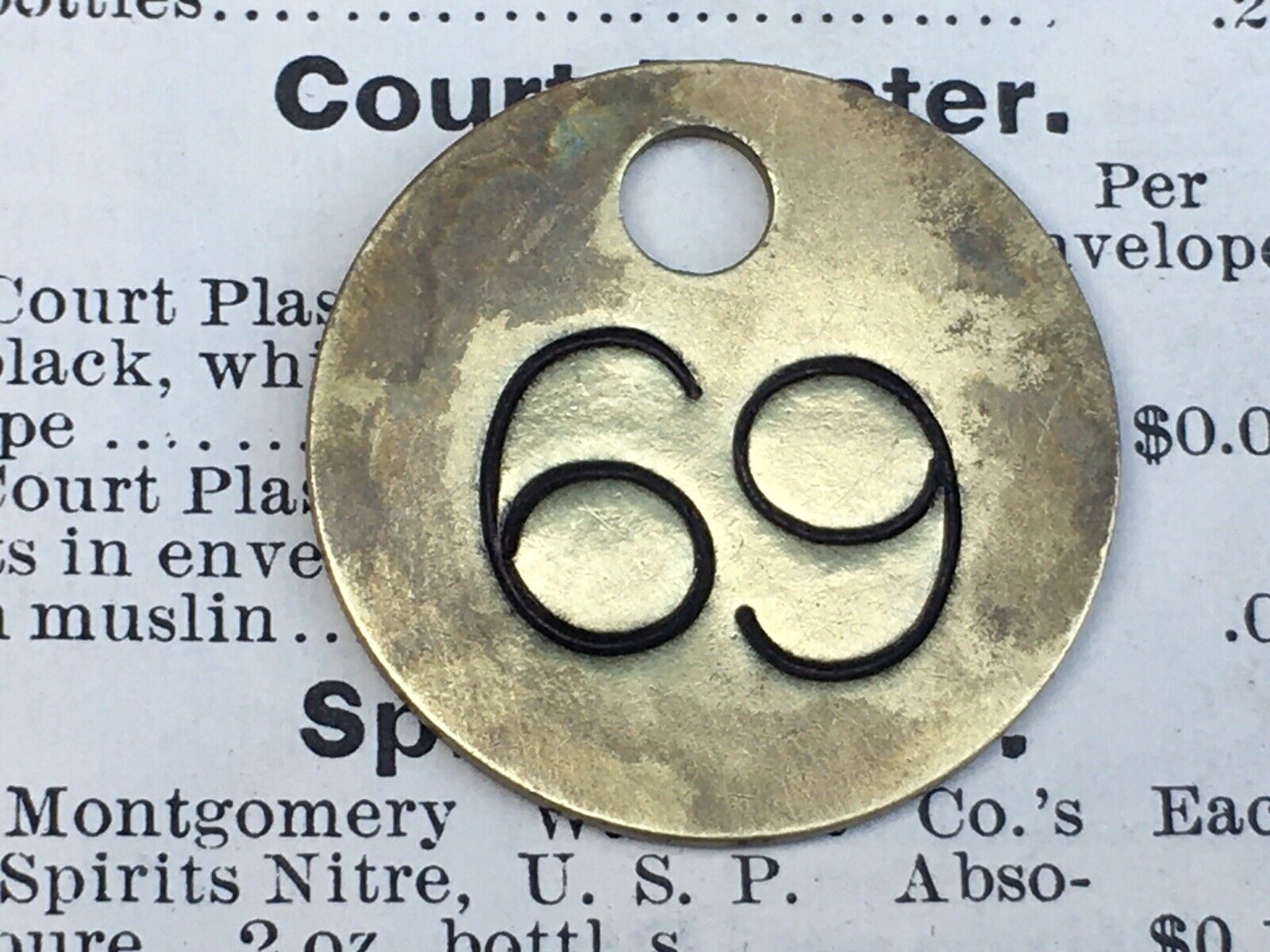 Number 69 Tag Brass Metal Numbered Keychain Stamped Token Aged Fob Mining Check