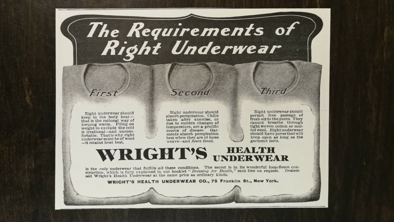 Vintage 1904 Wright\'s Health Underwear Company Original Ad - 721