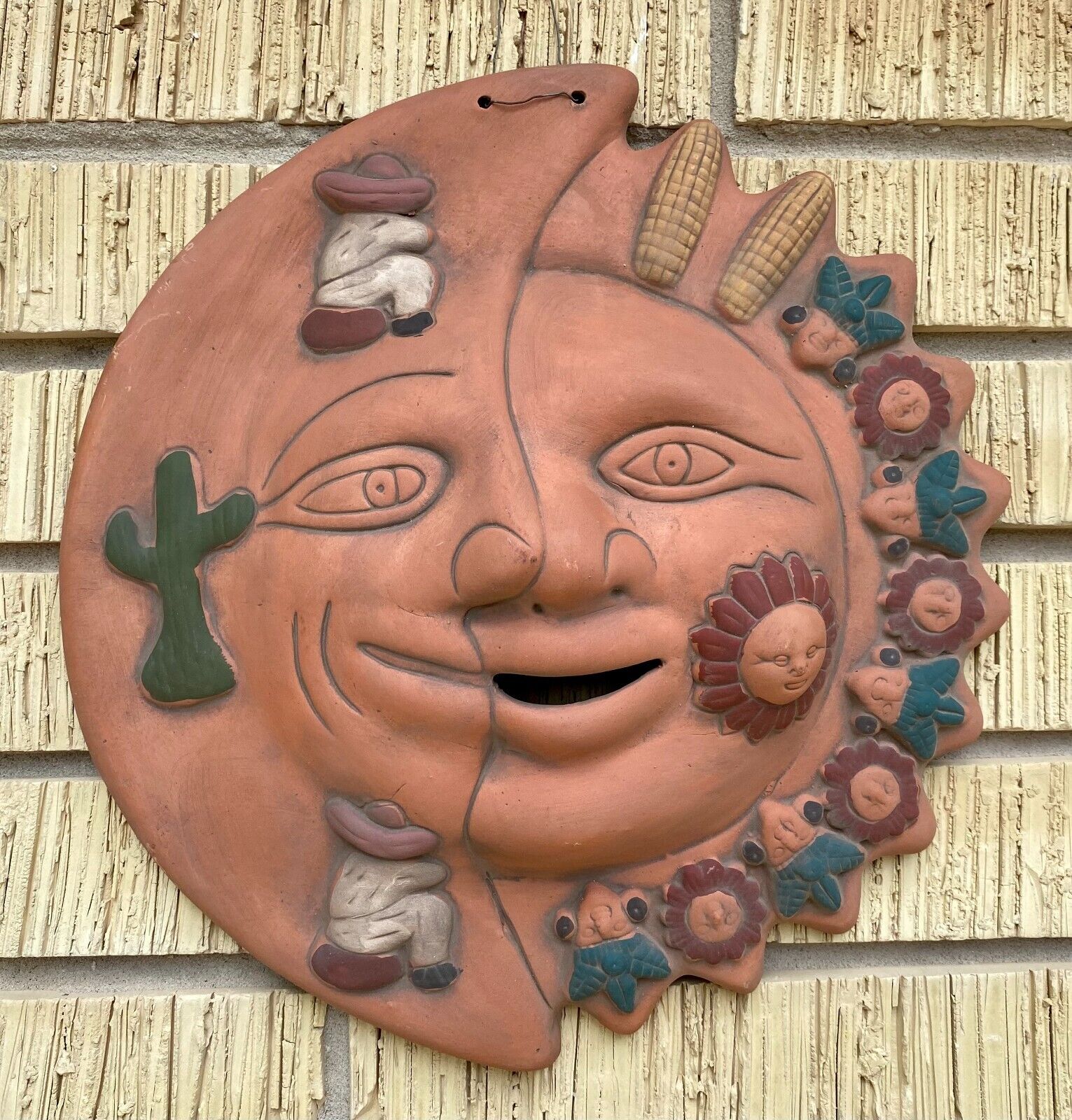 Vintage Mayan Terracotta Mexican Folk Art Clay Wall Hang Hanging Moon Sun 15\