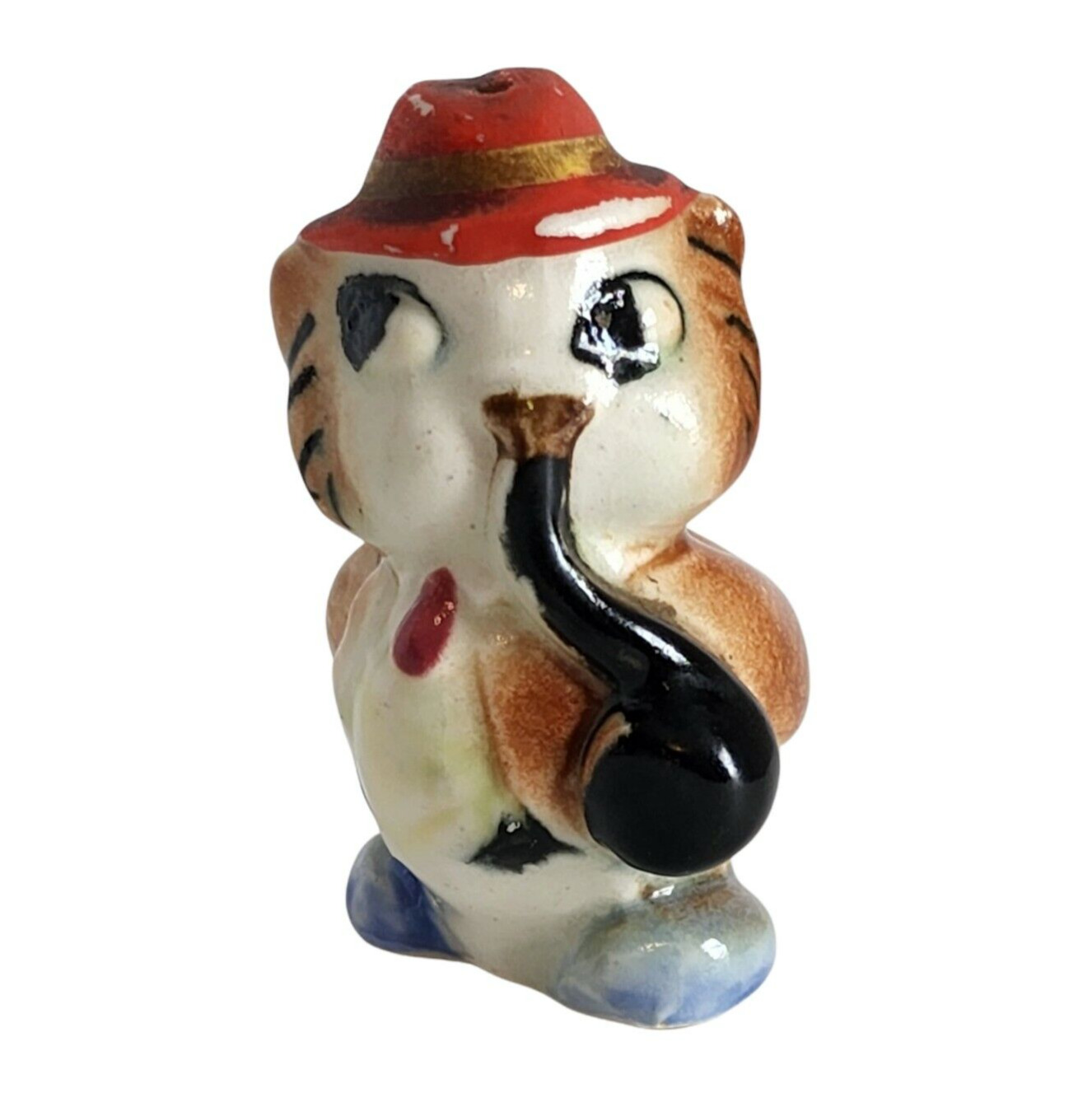 Vintage Japan Ceramic Anthropomorphic Owl Smoking Pipe with Red Hat Salt Shaker