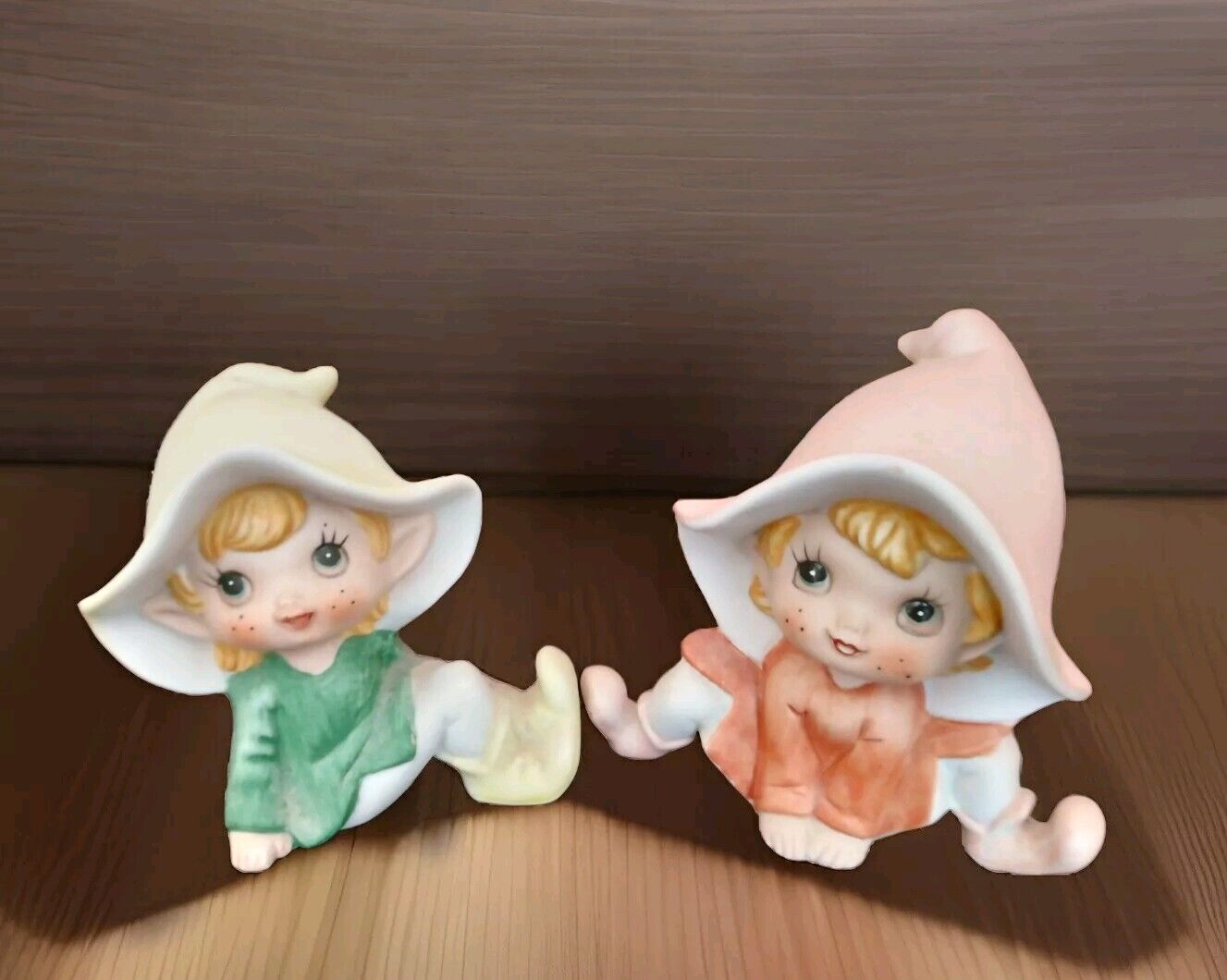 2 Vintage HOMCO Pixie Elf Fairy Figurine #5213 Orange and Green