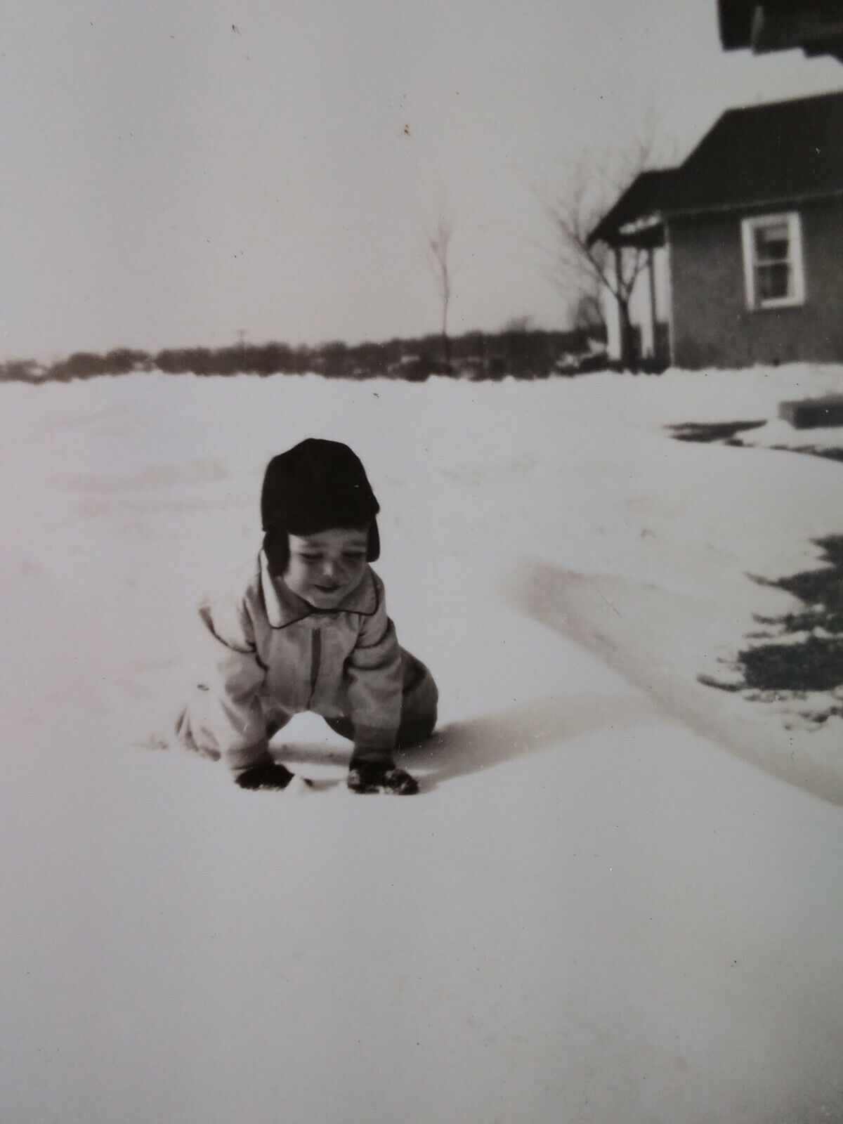 Happy Toddler in Snow Antique Photo VTG Early 1900s Crawl Hat Mittens 