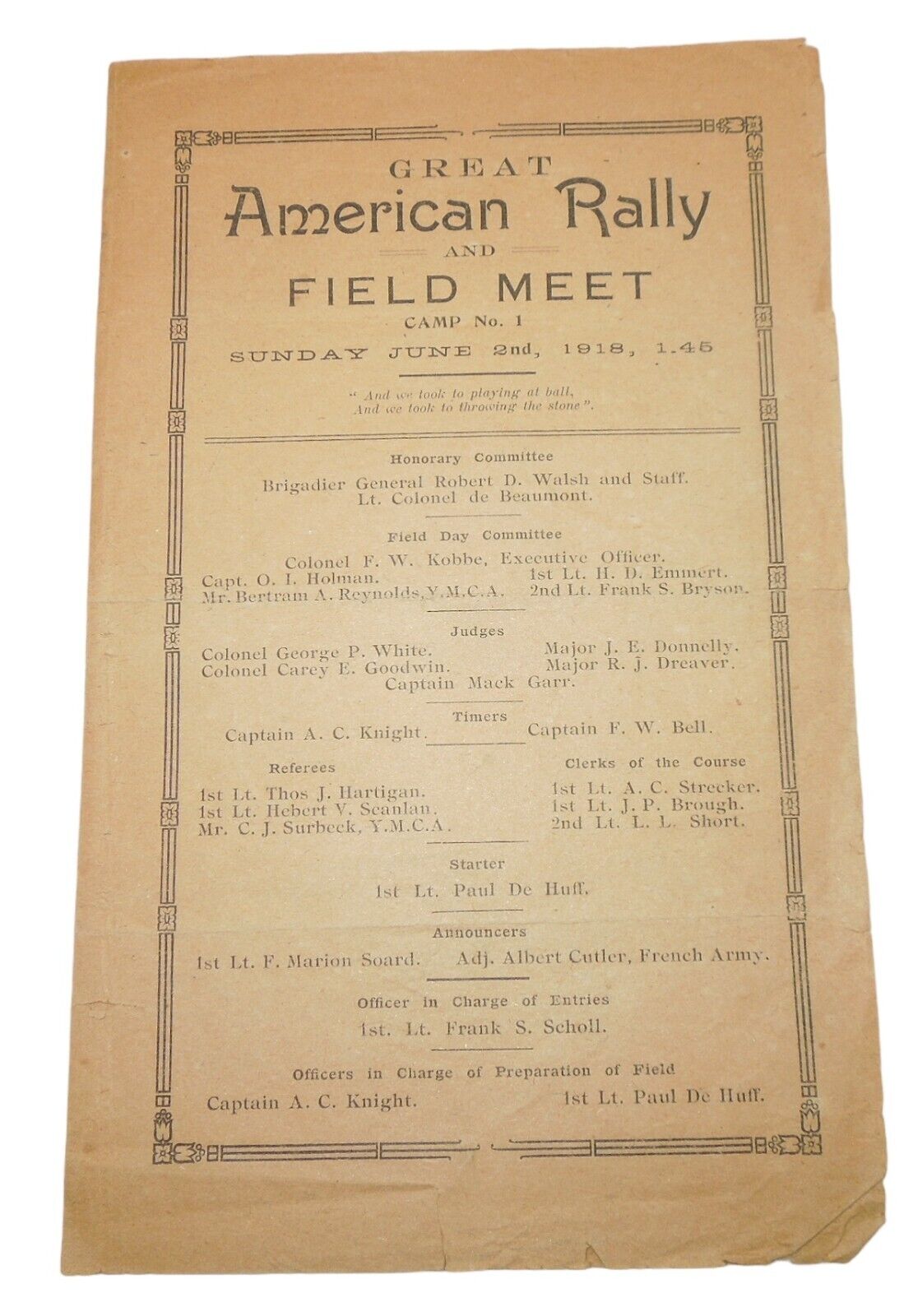 Original June 1918 Great American Rally Field Meet Paper US Army France ZA19