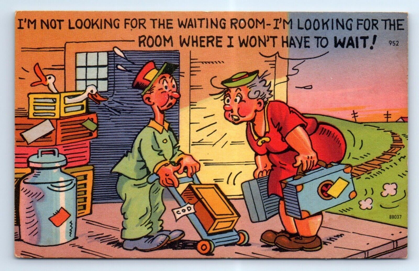 Woman Upset Traveling Can't Wait Bathroom Train Porter Comic Joke Postcard c1940