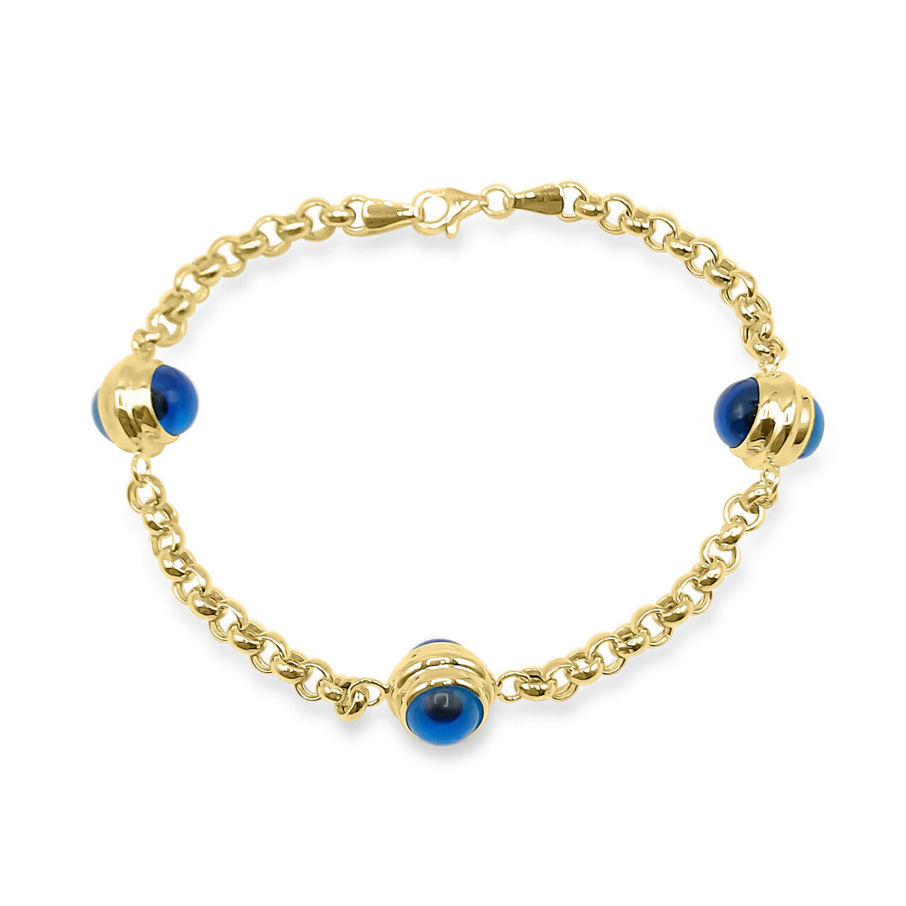 14KT Yellow Real Gold Evil Eye Blue Bracelet Linked chain Good Luck Protection