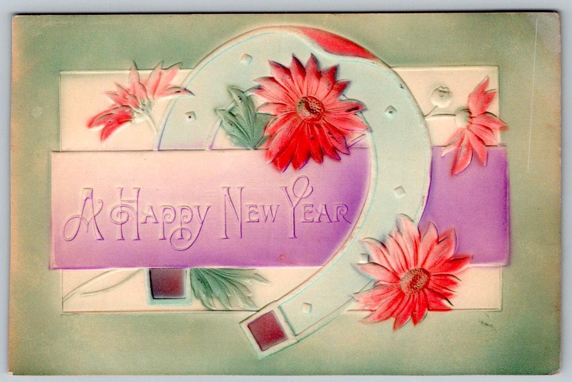 1908 HAPPY NEW YEAR AIRBRUSHED LUCKY HORSESHOE FLOWER PURPLE GREEN PINK POSTCARD
