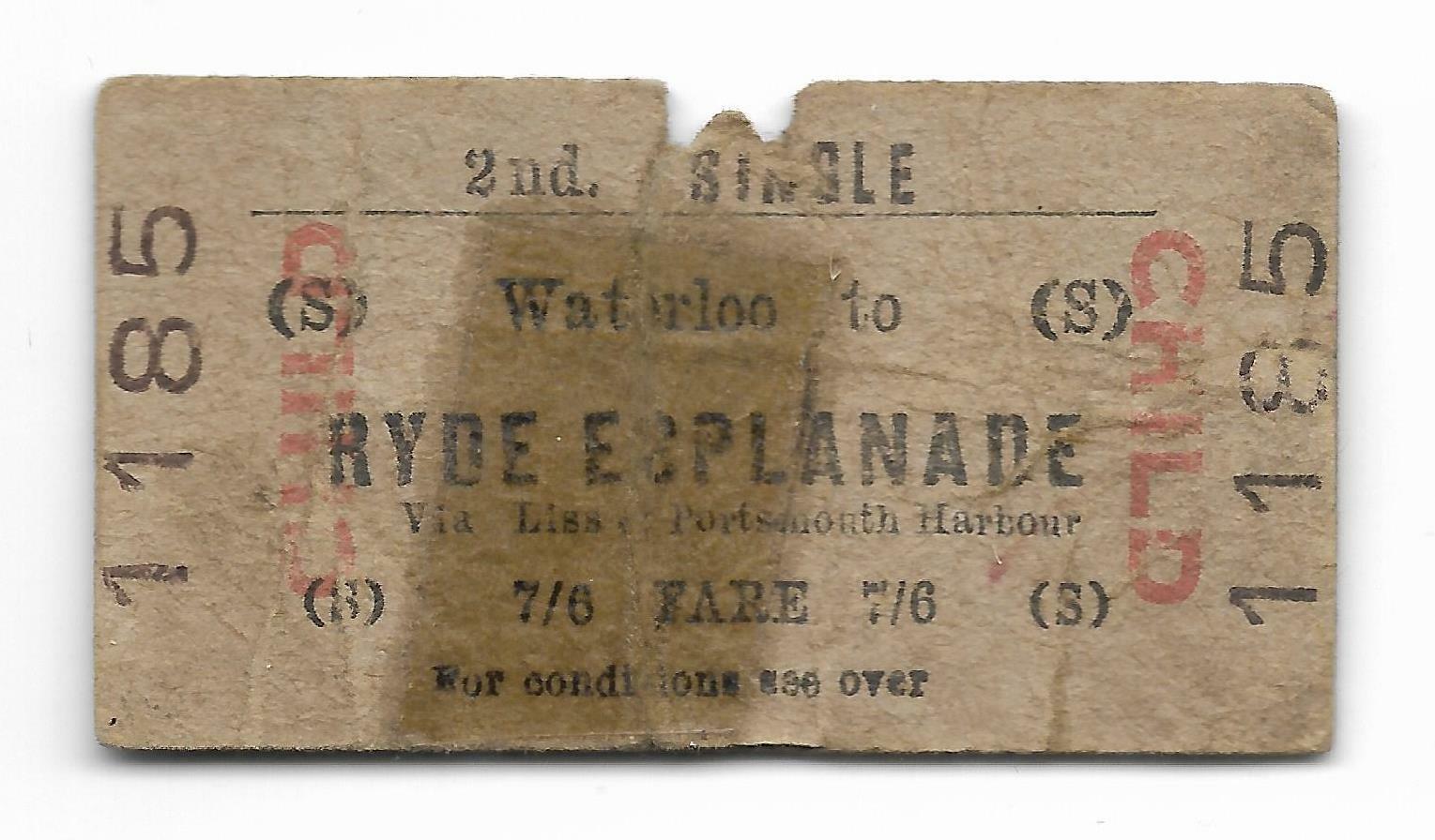 1959 BTC(S) British Railways Isle of Wight Ticket Waterloo / Ryde Esplanade Ch.