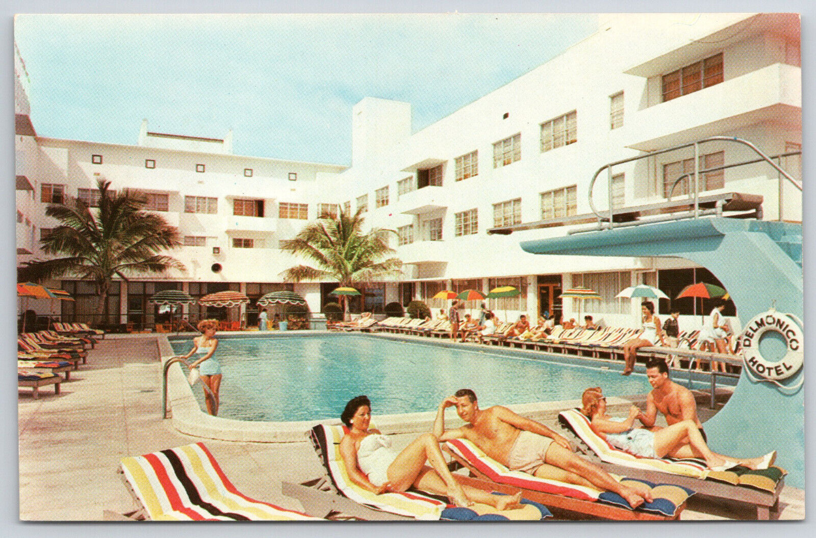 Miami FL Delmonico Hotel Pool Sunbathing Vintage Swimsuits  Postcard