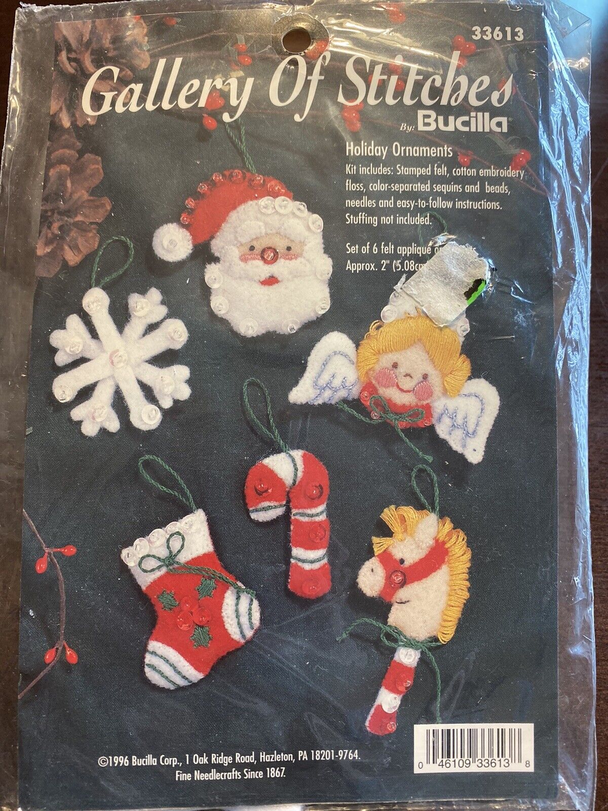 1996 Bucilla GALLERY OF STITCHES Holiday Ornaments - Kit 33613 - Set of 6 - New