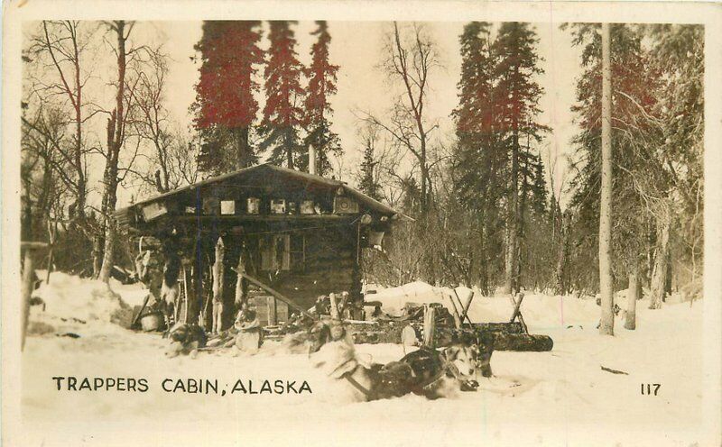 Alaska 1920s Trappers Cabin winter rural life RPPC Photo Postcard 21-12100