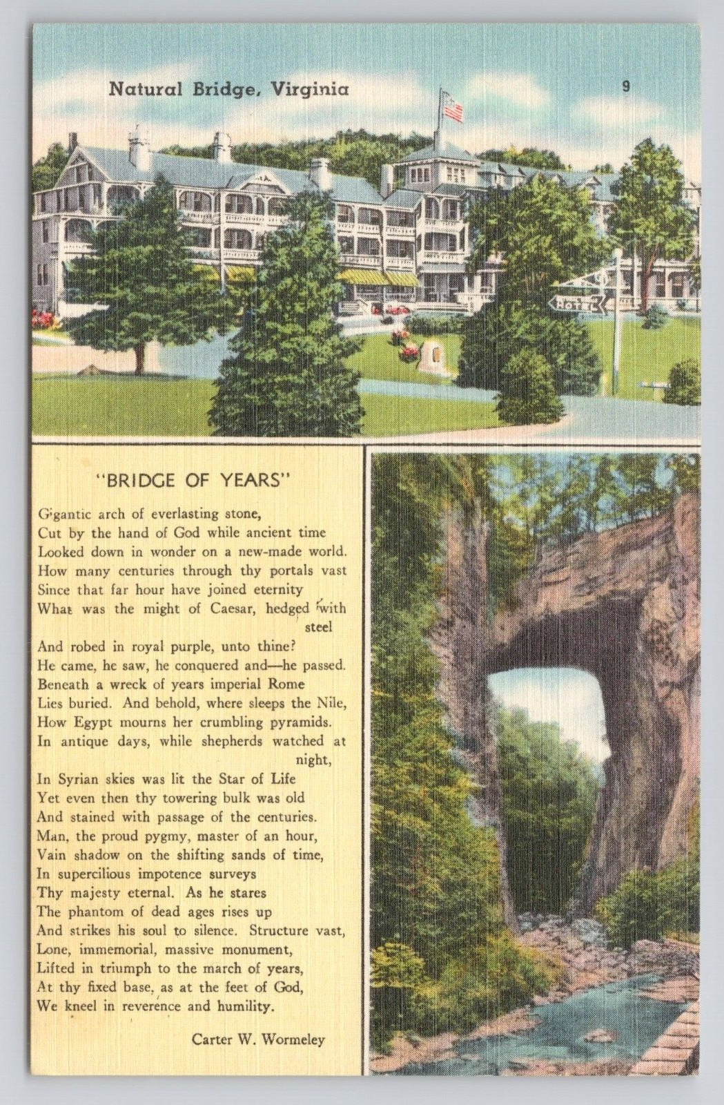 Natural Bridge Virginia & Bridge of Years poem Linen Postcard No 3520