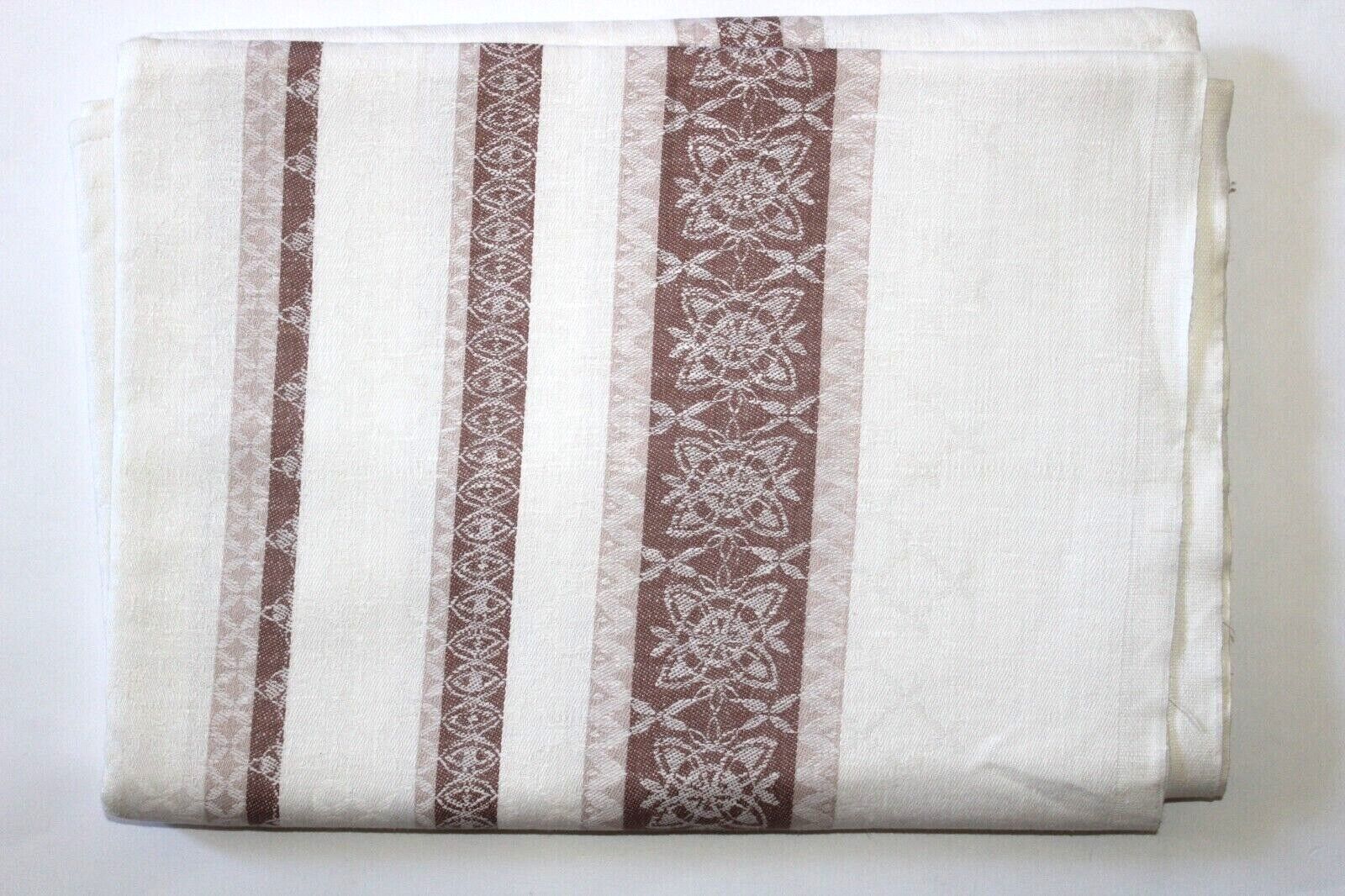 Vintage Soviet Union Linen Sheet, White with Brown Ornament, 84