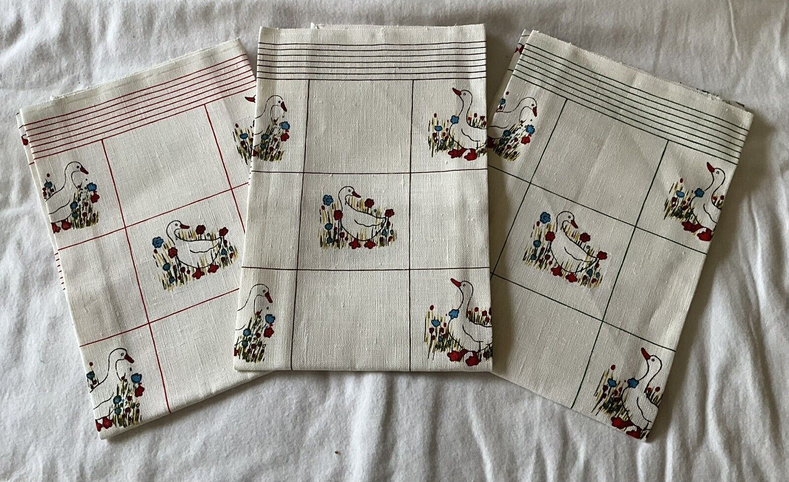 NOS 3 Linen Kitchen Towels MCM Geese 26 1/2” X 19 1/2” Vintage