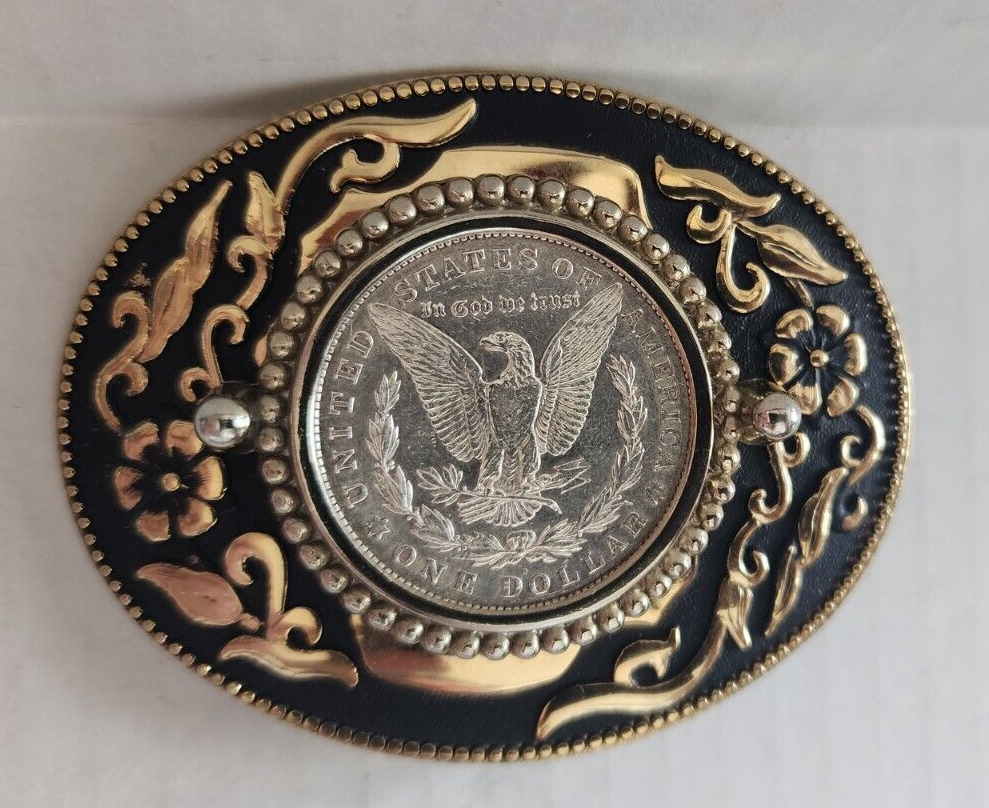 U.S. Morgan Silver Dollar 1921-D, Western Belt Buckle, Black, Gold & Silver tone