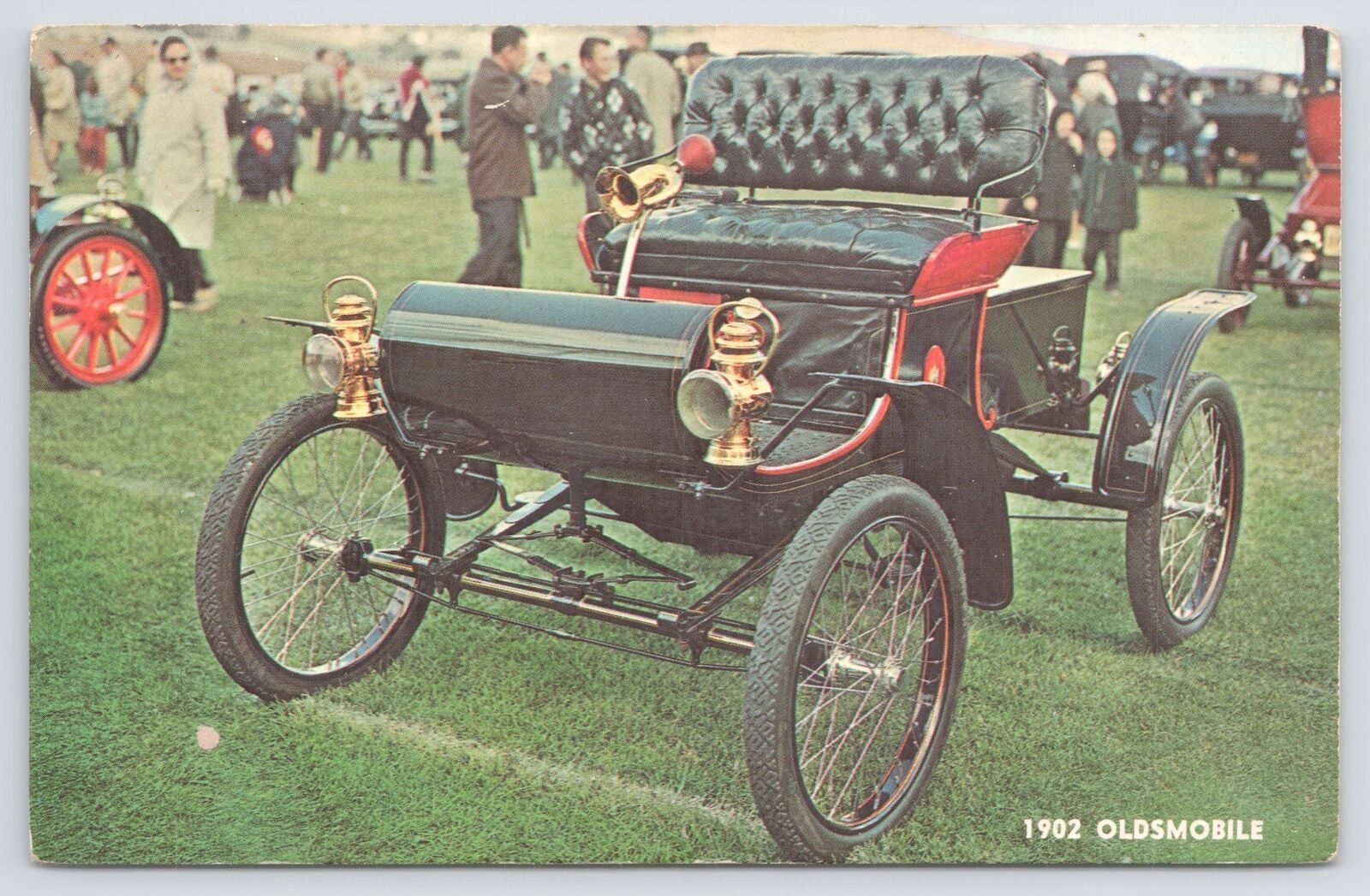 1902 Oldsmobile~Red & Black~Open Wheels~@ Grassy Car Show~People Admiring~Vtg PC