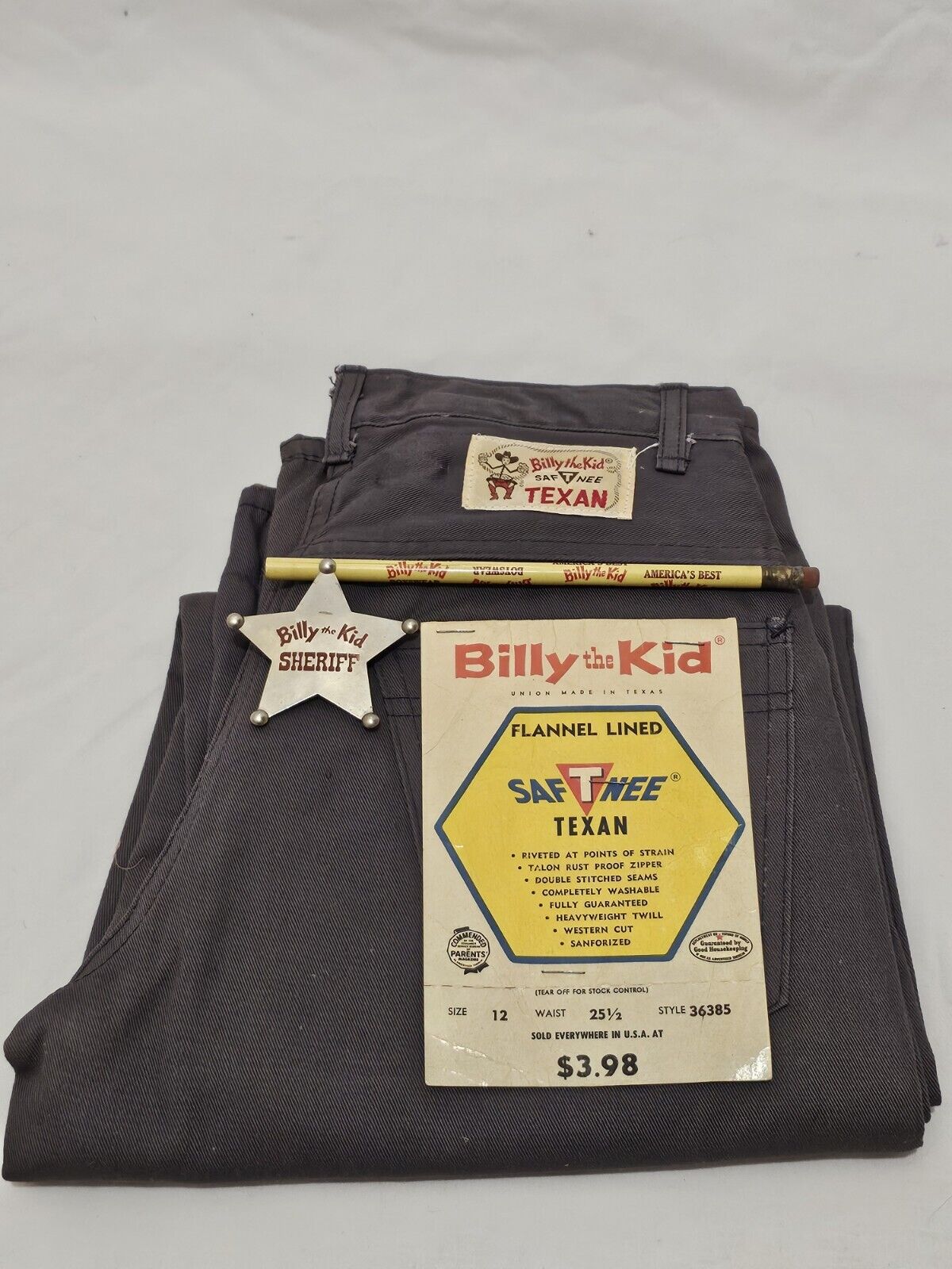Vintage Billy The Kid Saf T Nee Western Cut Denim Jeans Pants W/ Badge & Pencil 