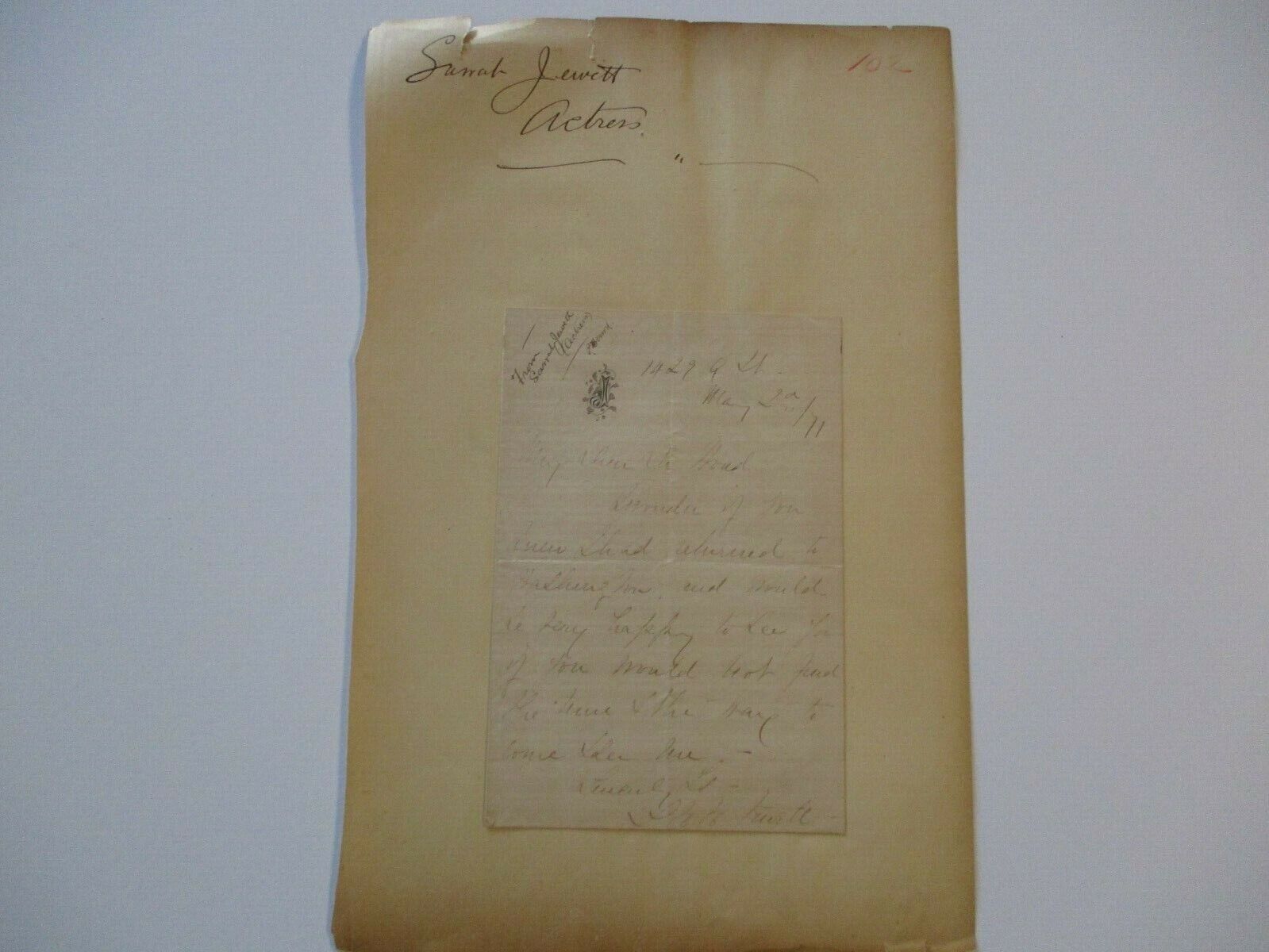 ANTIQUE AUTOGRAPH OF SARAH JEWETT ACTRESS SIGNED LETTER 19TH CENTURY 