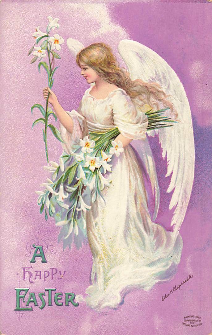 c1910 Clapsaddle Signed White Angel Lilies Embossed Series 1113 Easter P360